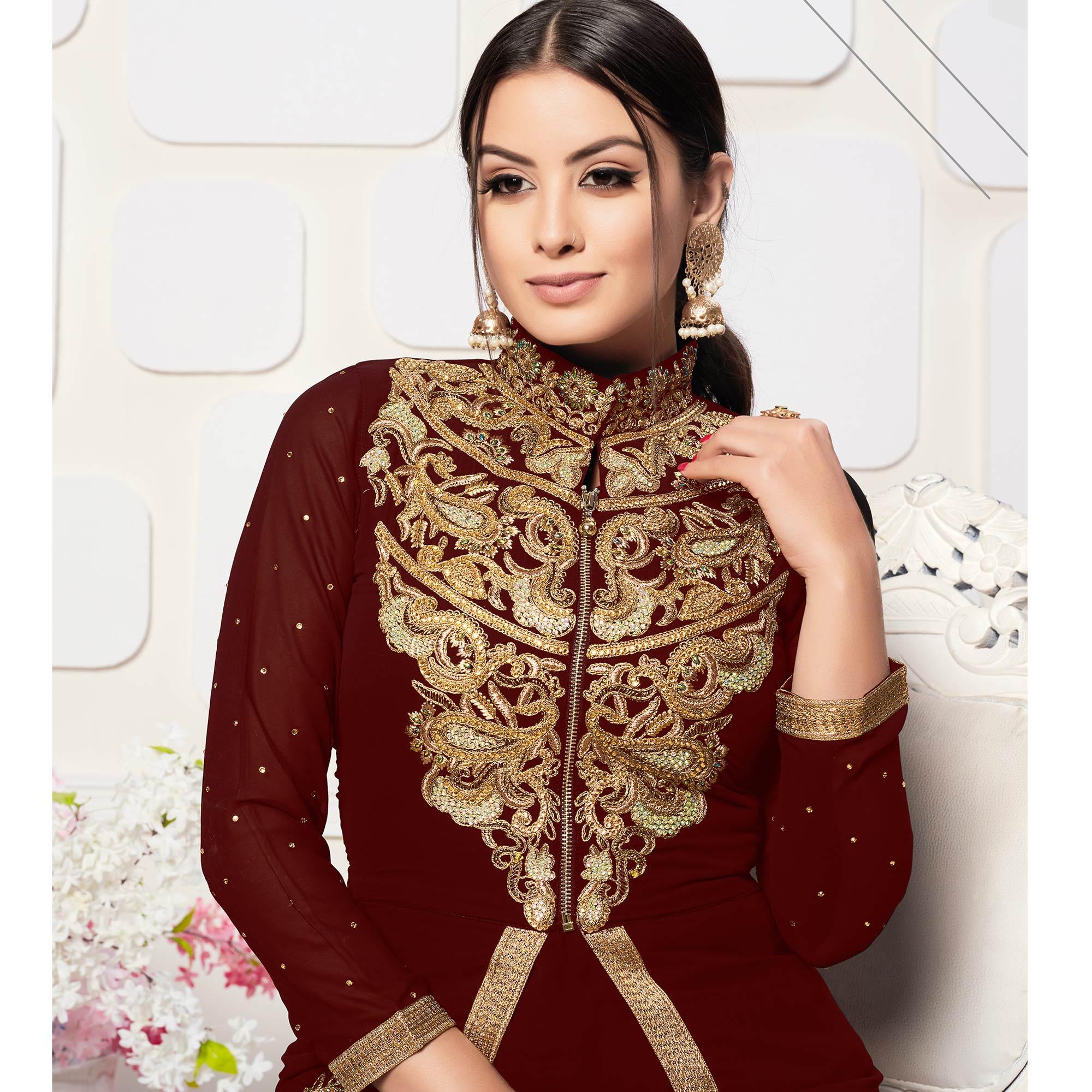 Arresting Maroon Colored Party Wear Embroidered Georgette Pant Style Suit - Peachmode