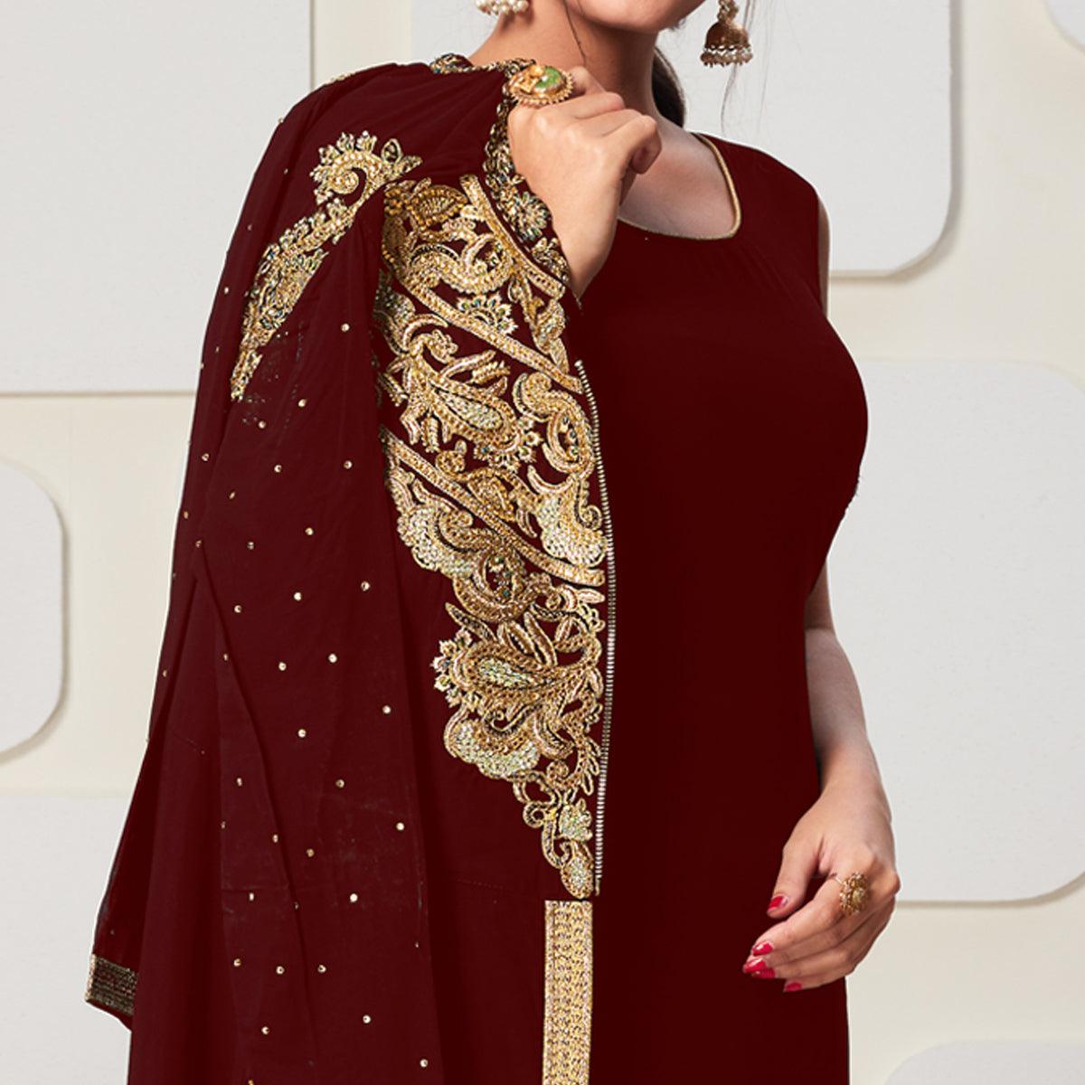 Arresting Maroon Colored Party Wear Embroidered Georgette Pant Style Suit - Peachmode