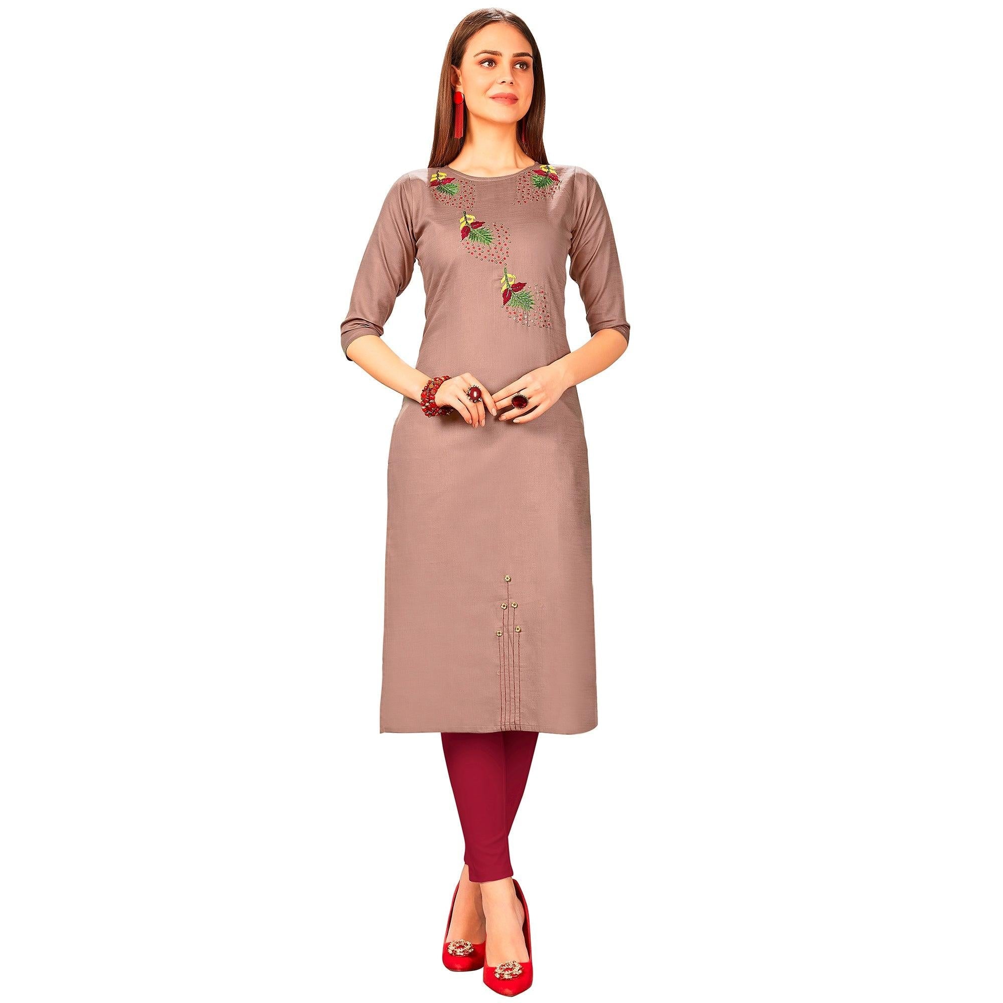 Arresting Mauve Colored Party Wear Embroidered Jam Cotton Silk Kurti - Peachmode