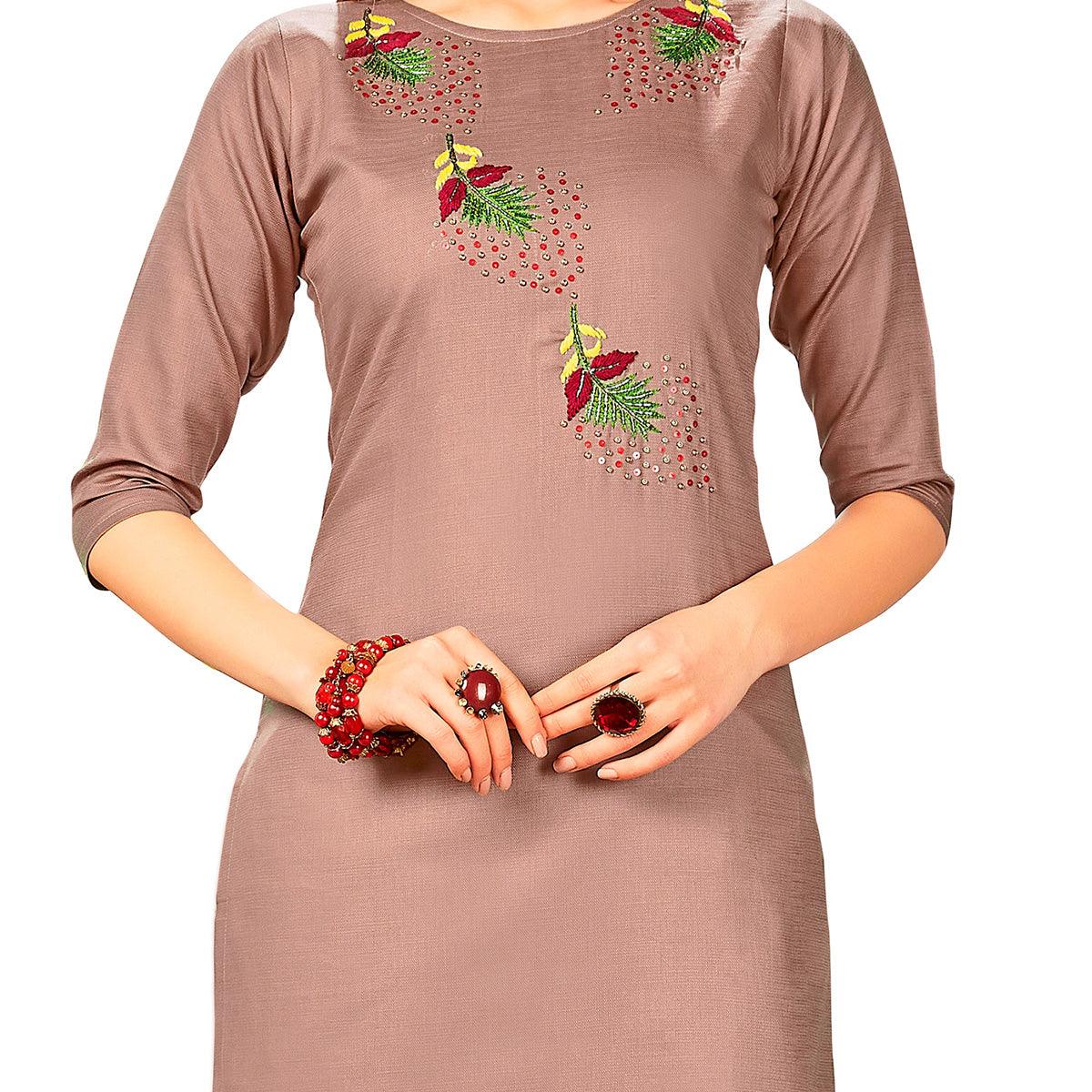 Arresting Mauve Colored Party Wear Embroidered Jam Cotton Silk Kurti - Peachmode