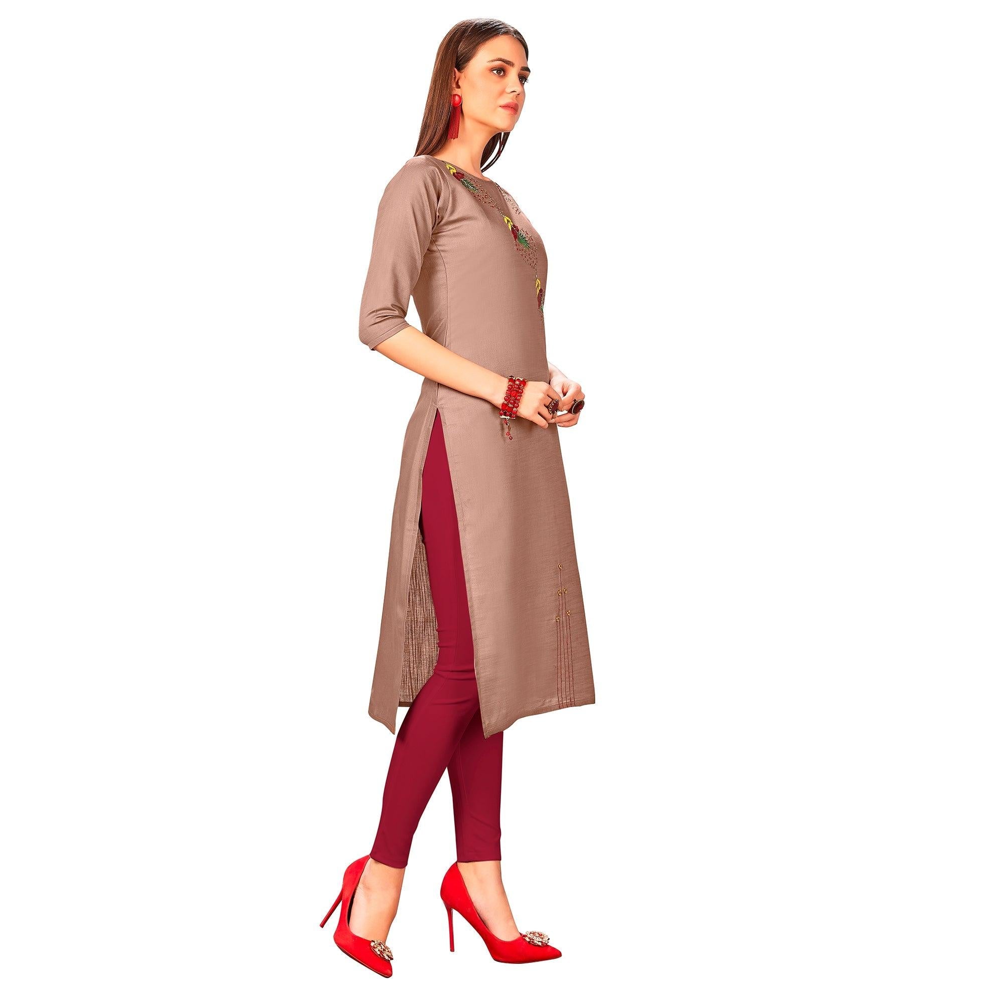 Arresting Mauve Colored Party Wear Embroidered Jam Cotton Silk Kurti - Peachmode