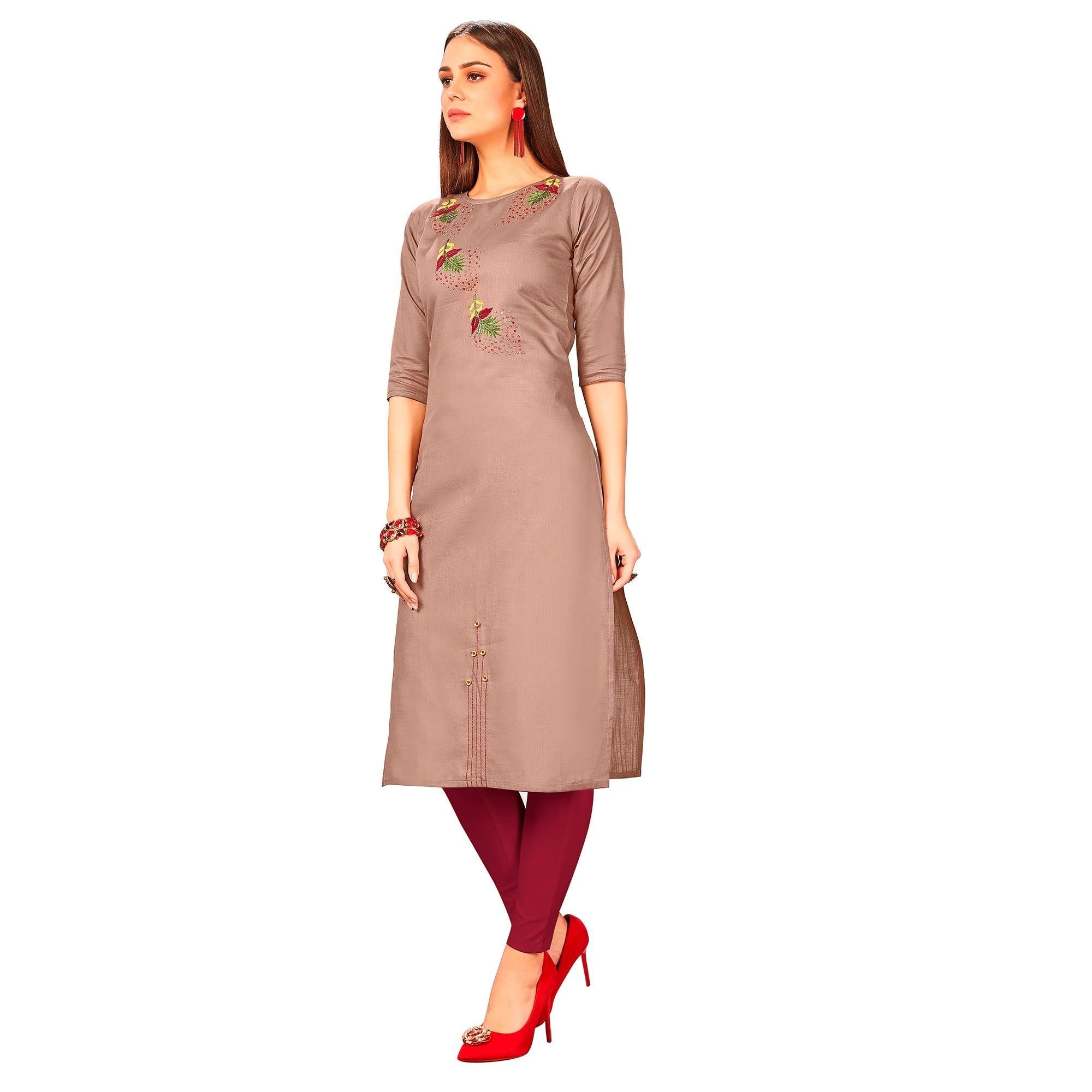 Arresting Mauve Colored Party Wear Embroidered Jam Cotton Silk Kurti - Peachmode
