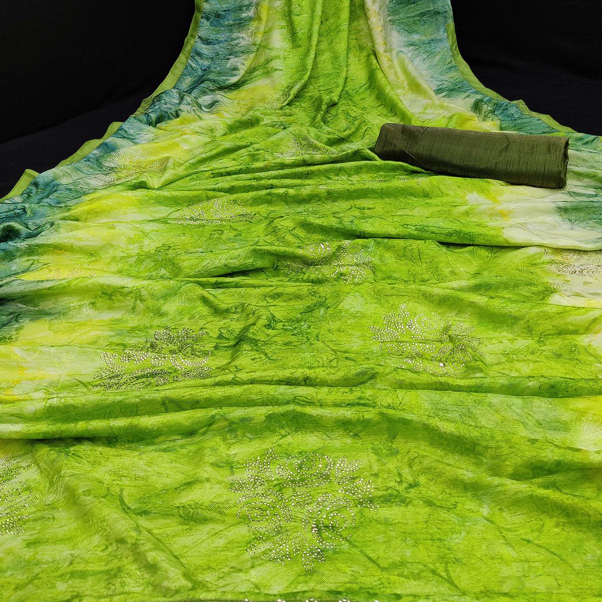 Arresting Mehdi Colored Embossed Floral Pattern Casual Wear Jacqaurd Dola Silk Saree - Peachmode