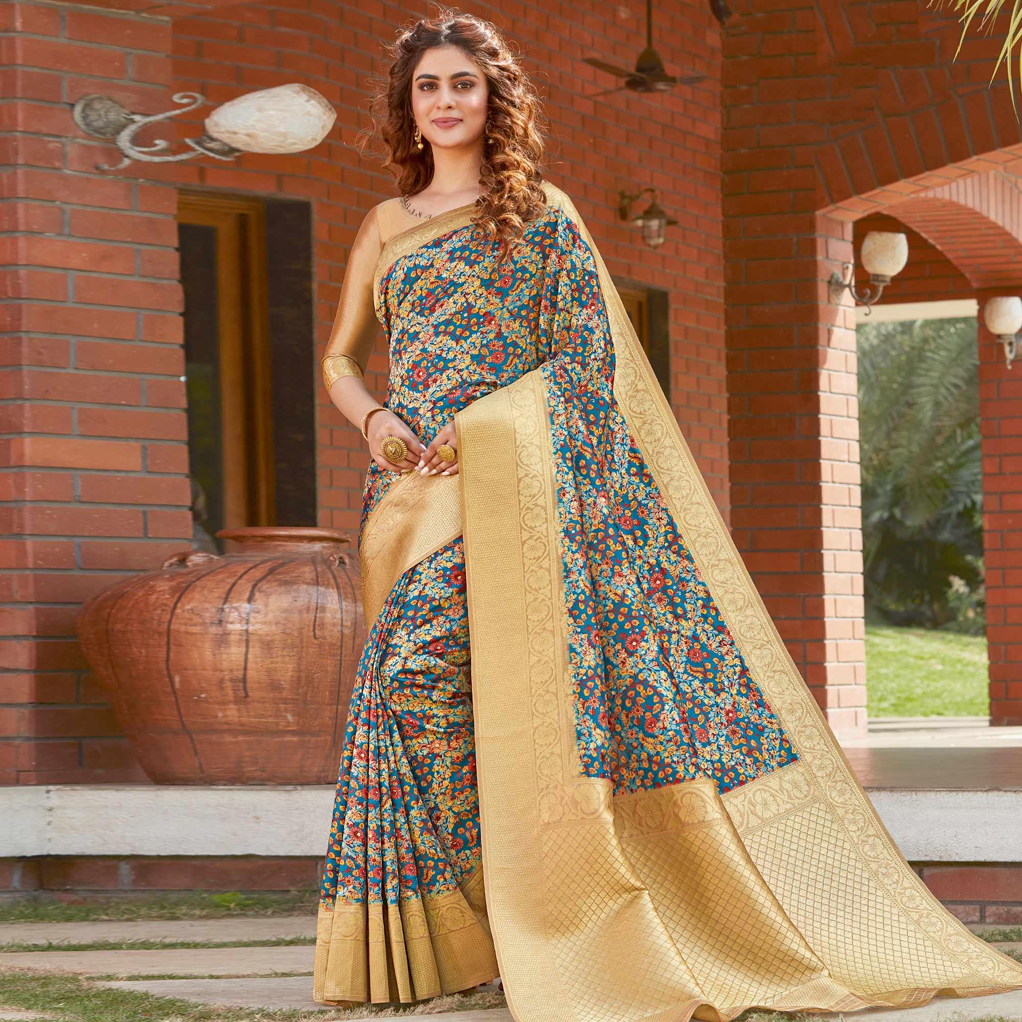 Arresting Multi- Colored Festive Wear Floral Digital Printed Silk Saree - Peachmode
