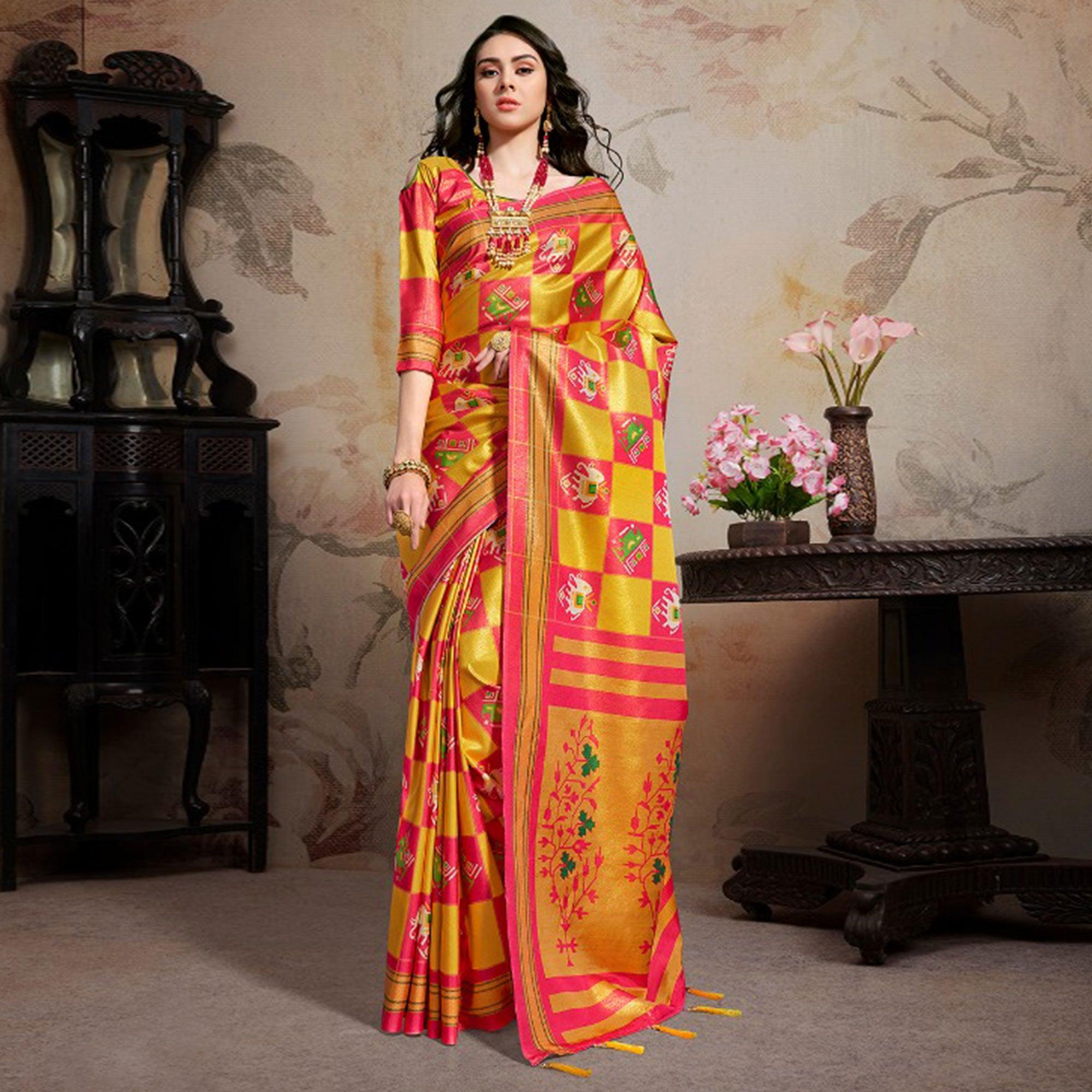Arresting Musturd & Pink Colored Festive Wear Printed Silk Blend Saree With Tassels - Peachmode