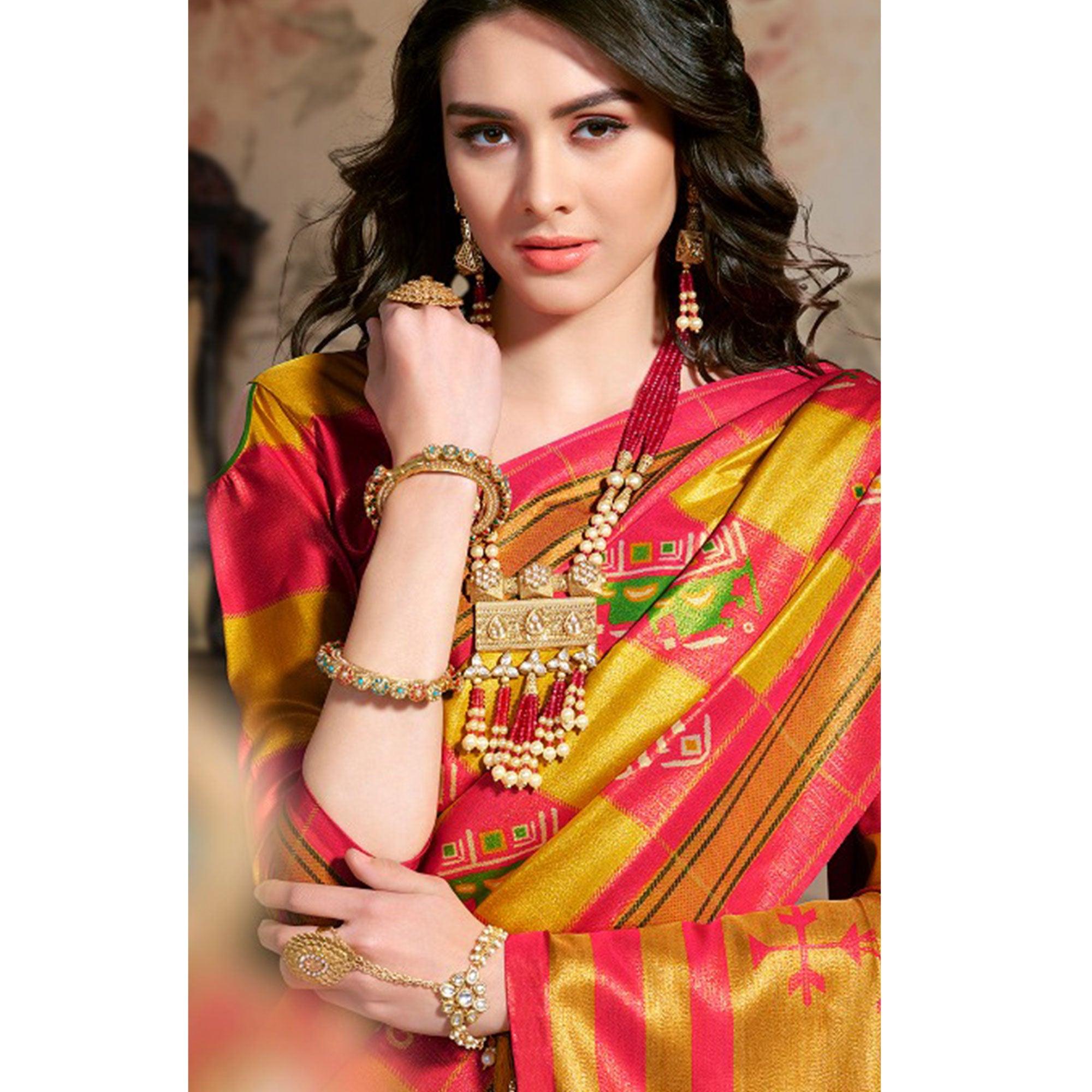 Arresting Musturd & Pink Colored Festive Wear Printed Silk Blend Saree With Tassels - Peachmode