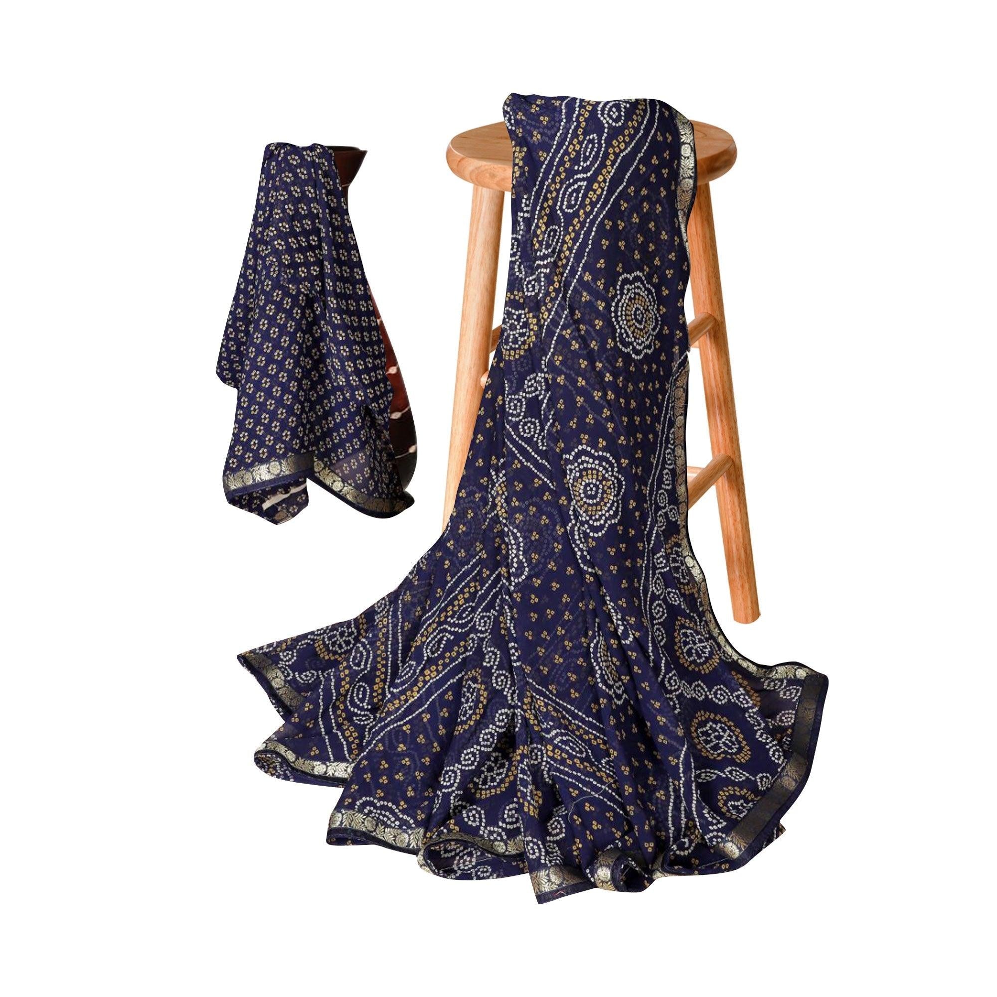 Arresting Navy Blue Colored Casual Bandhani Printed Georgette Saree - Peachmode