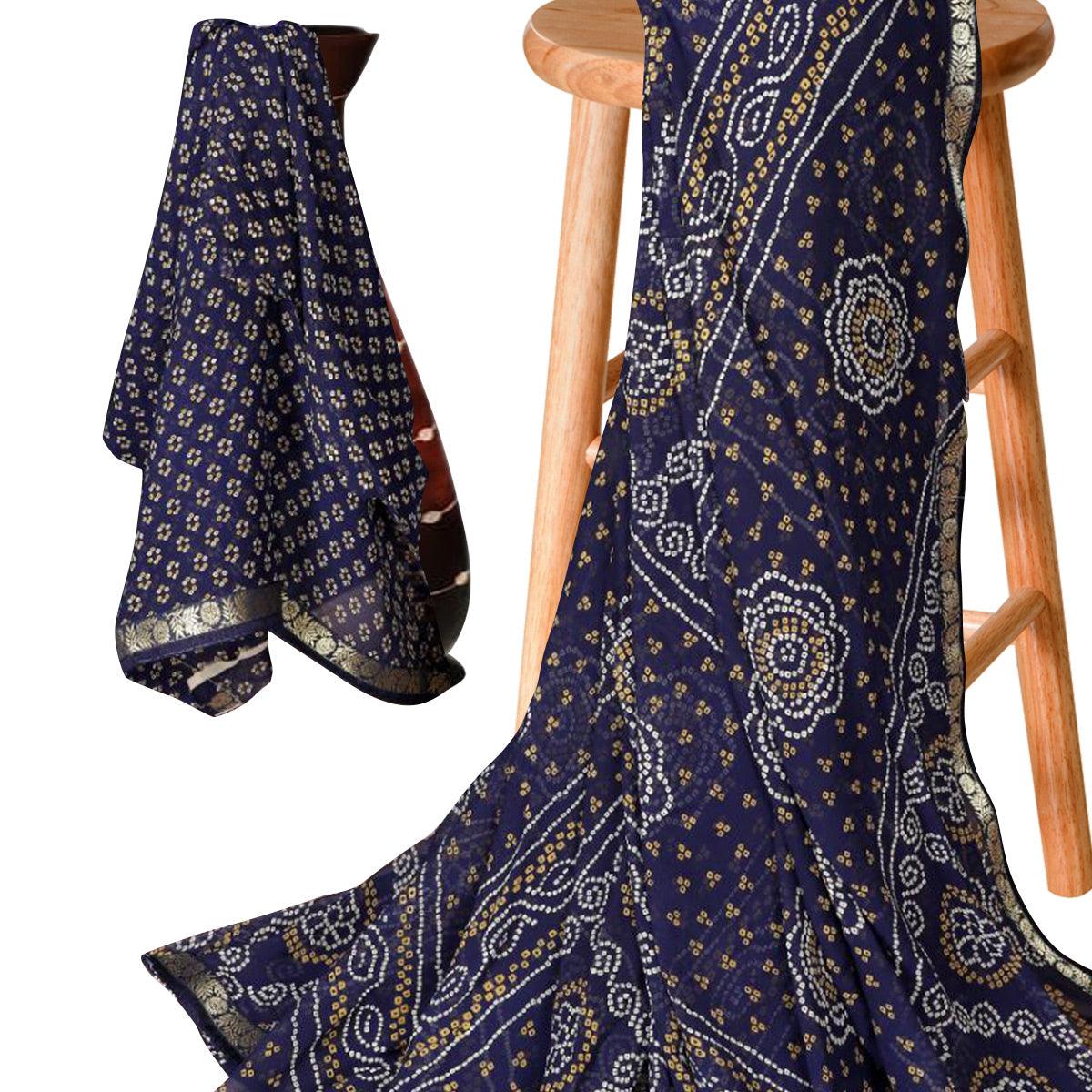 Arresting Navy Blue Colored Casual Bandhani Printed Georgette Saree - Peachmode
