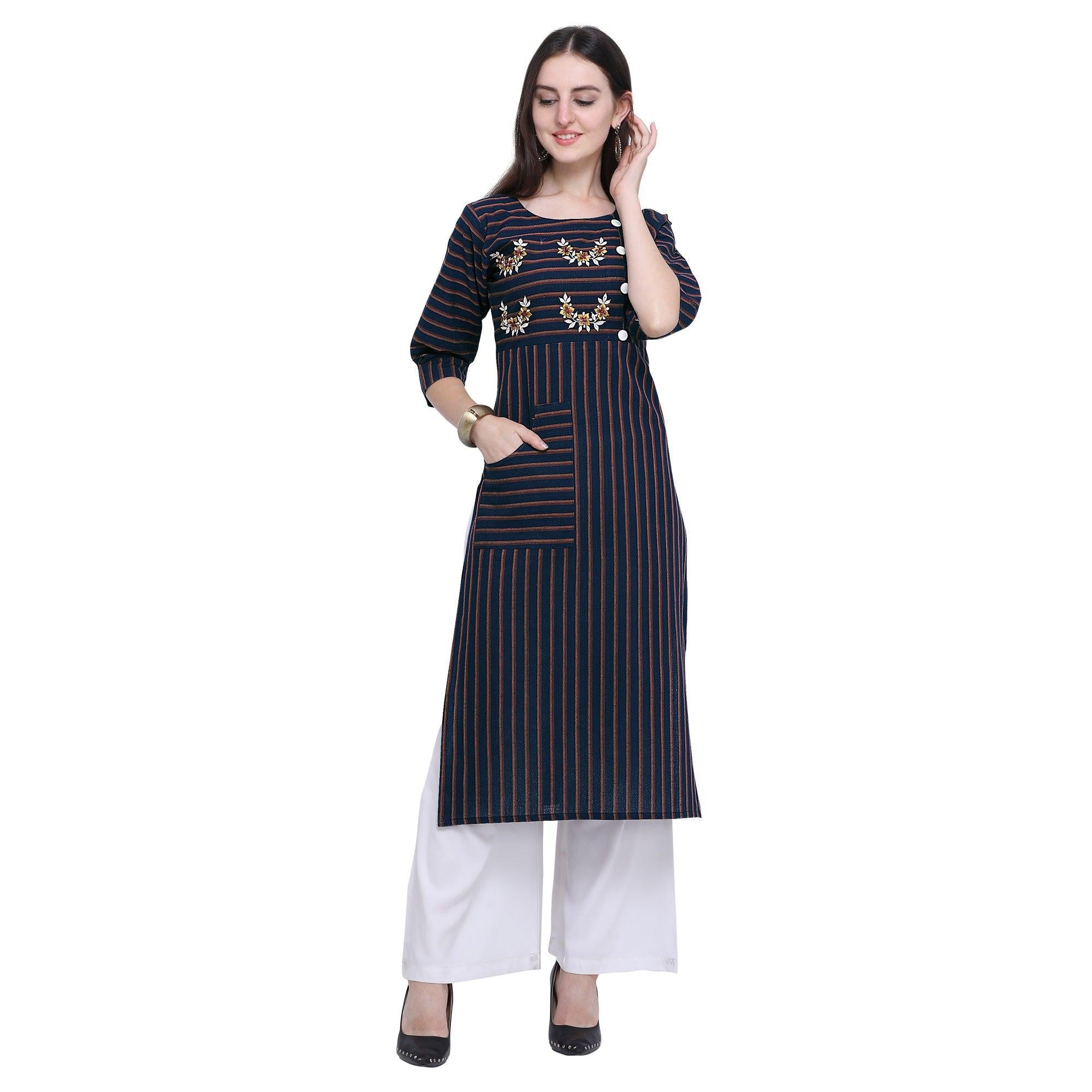 Arresting Navy Blue Colored Casual Wear Embroidered Cotton Kurti-Palazzo Set - Peachmode