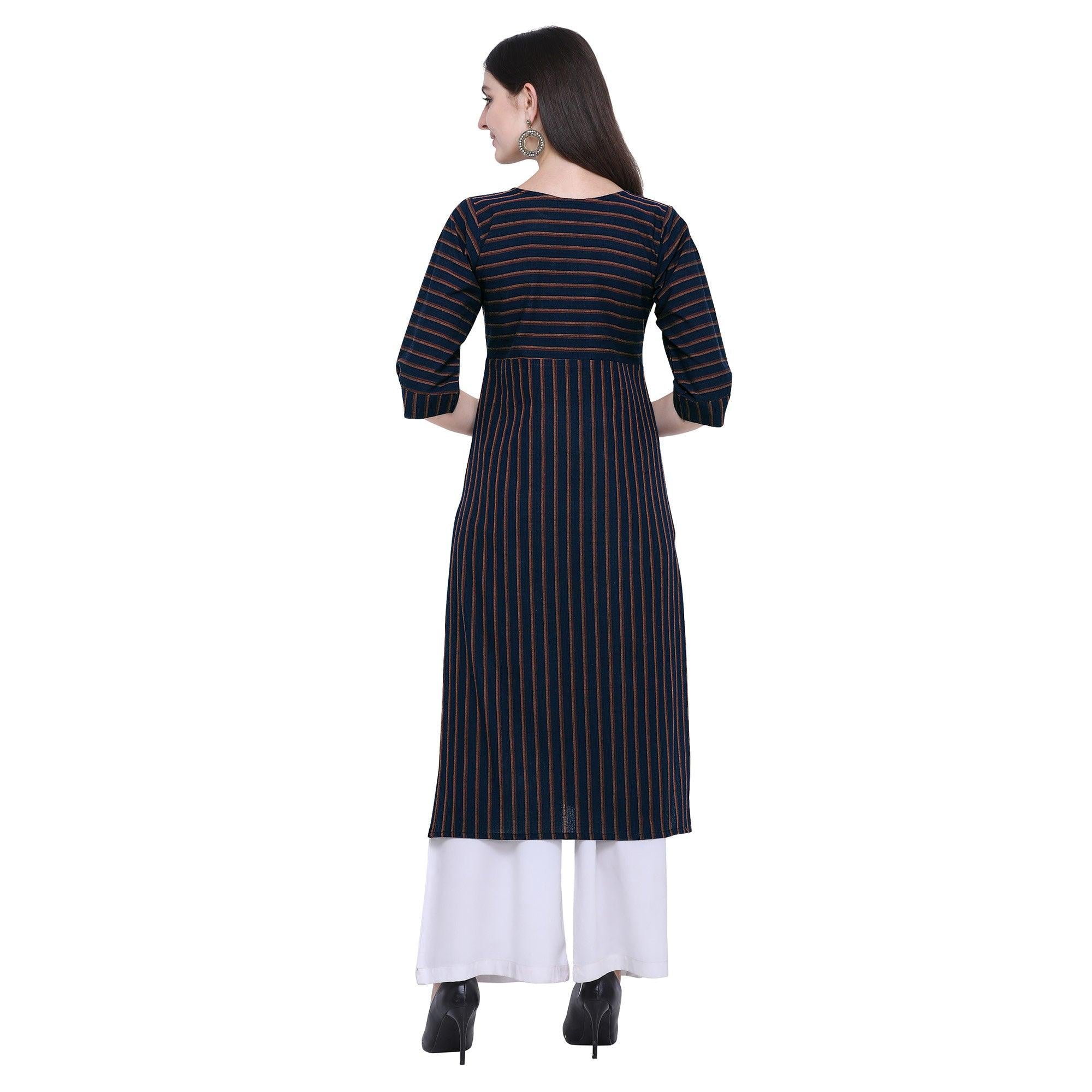 Arresting Navy Blue Colored Casual Wear Embroidered Cotton Kurti-Palazzo Set - Peachmode