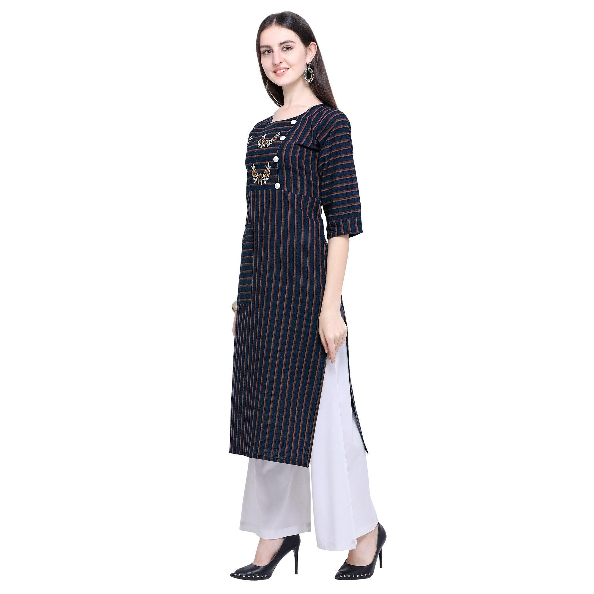 Arresting Navy Blue Colored Casual Wear Embroidered Cotton Kurti-Palazzo Set - Peachmode