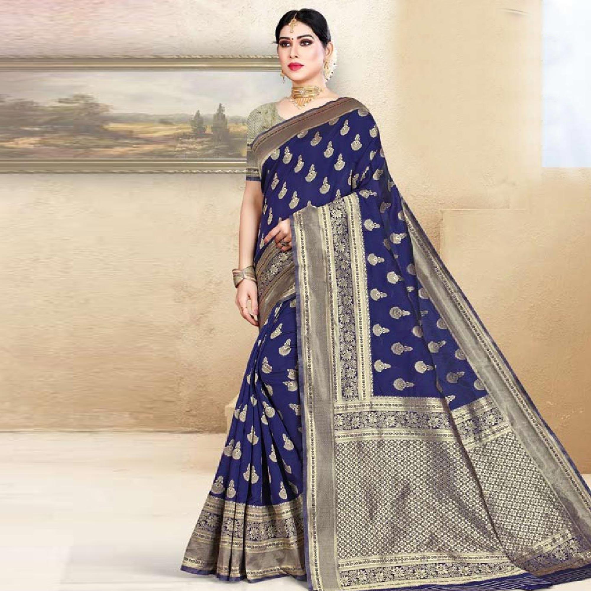 Arresting Navy Blue Colored Festive Wear Woven Art Silk Saree - Peachmode