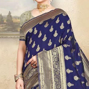 Arresting Navy Blue Colored Festive Wear Woven Art Silk Saree - Peachmode