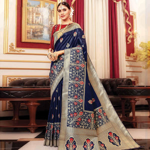 Arresting Navy Blue Colored Festive Wear Woven Banarasi Silk Saree - Peachmode
