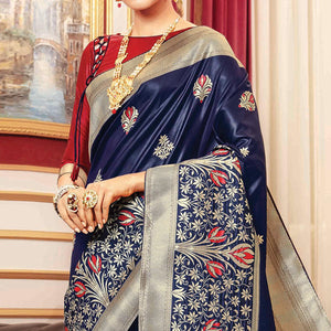 Arresting Navy Blue Colored Festive Wear Woven Banarasi Silk Saree - Peachmode
