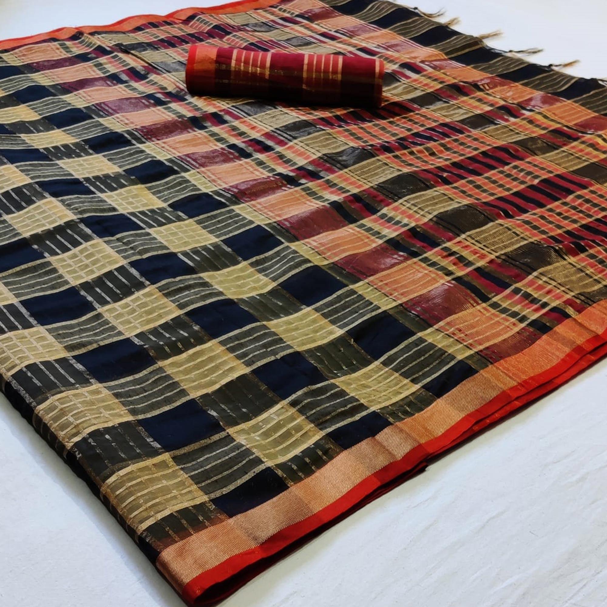 Arresting Navy Blue Colored Festive Wear Woven Linen Saree - Peachmode