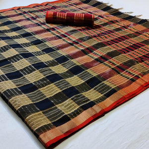 Arresting Navy Blue Colored Festive Wear Woven Linen Saree - Peachmode