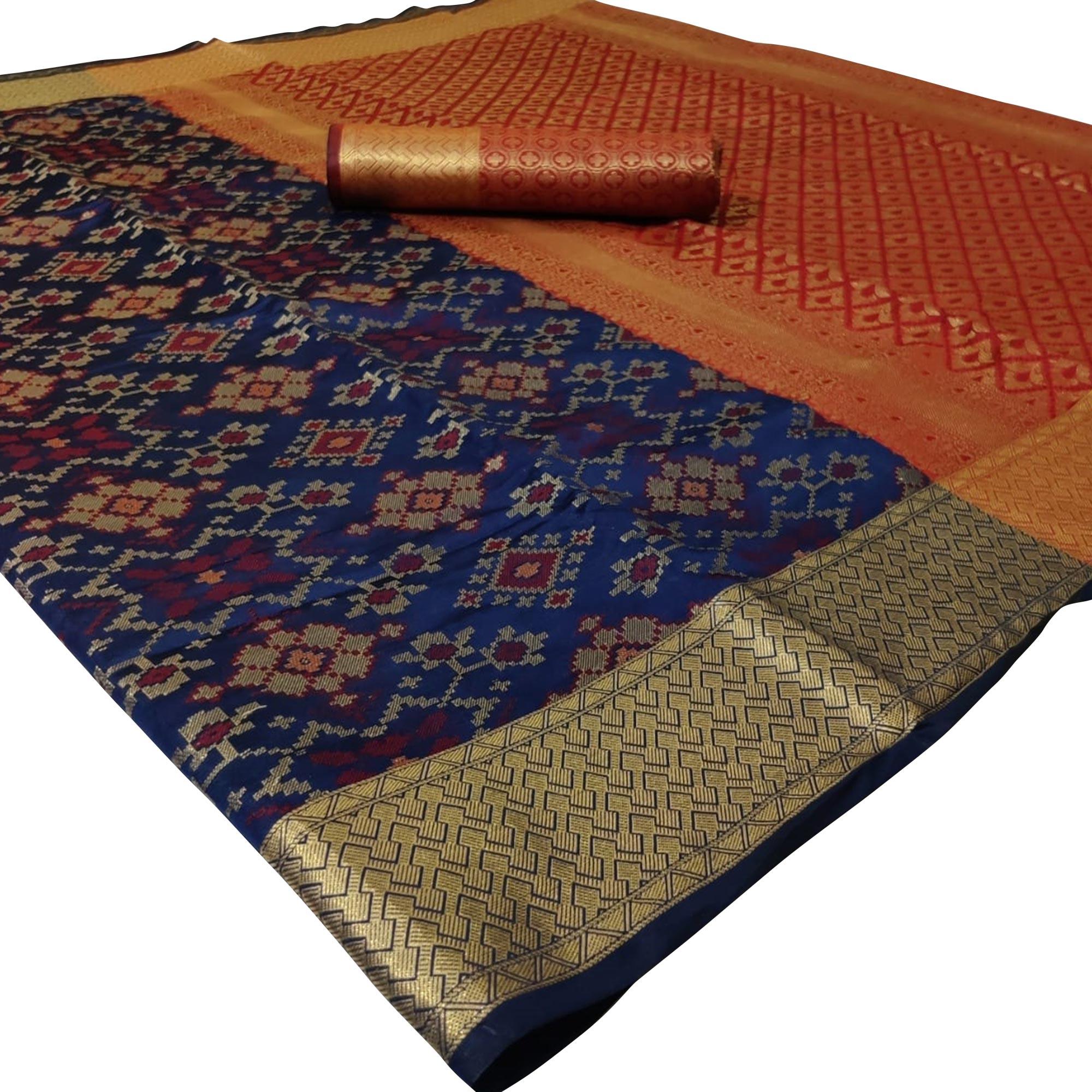 Arresting Navy Blue Colored Festive Wear Woven Silk Saree - Peachmode