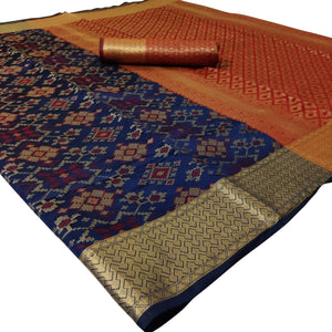 Arresting Navy Blue Colored Festive Wear Woven Silk Saree - Peachmode
