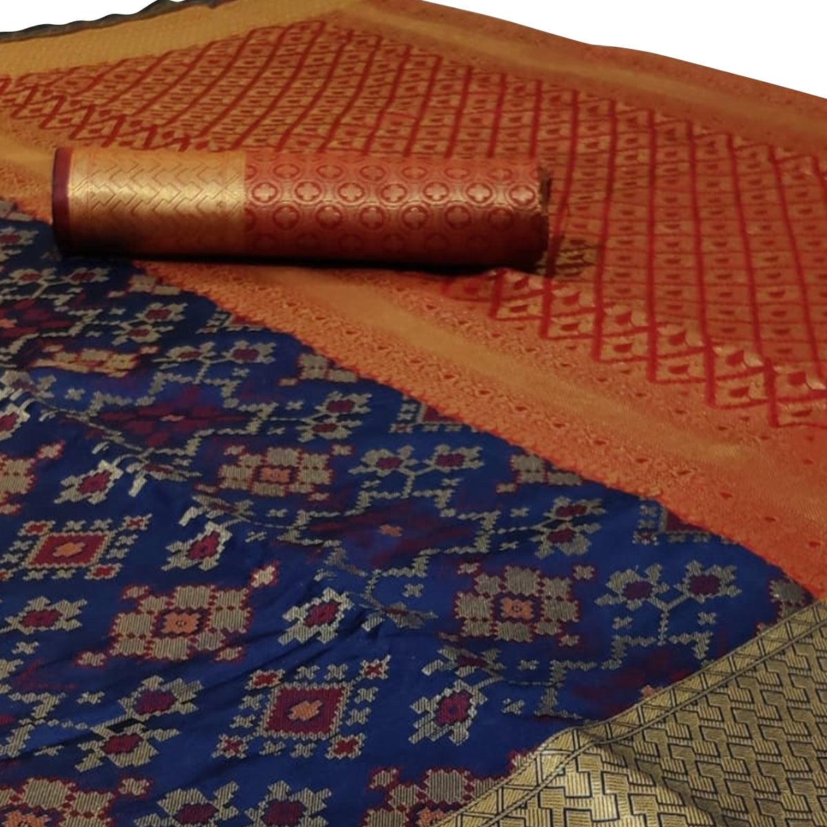 Arresting Navy Blue Colored Festive Wear Woven Silk Saree - Peachmode
