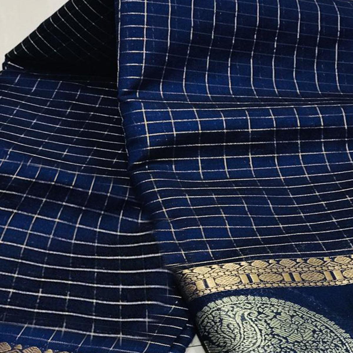 Arresting Navy Blue Colored Festive Wear Woven Silk Saree - Peachmode