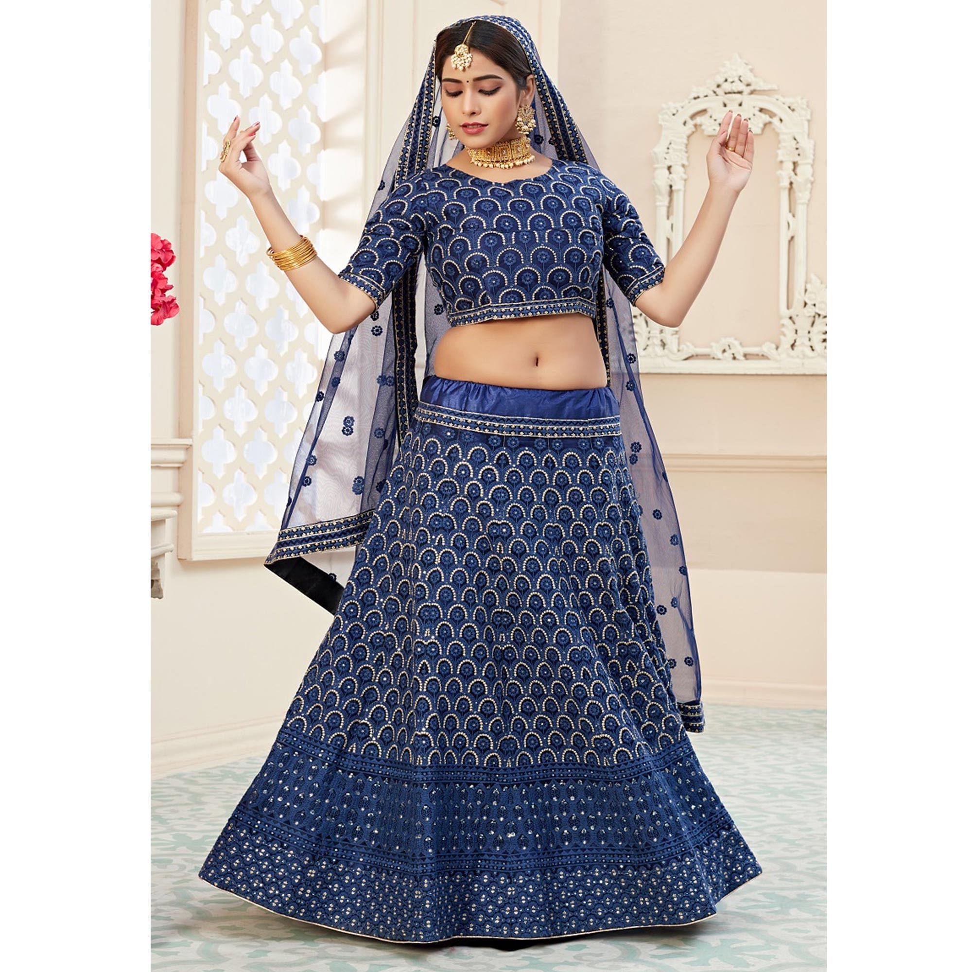 Arresting Navy Blue Coloured Thread Embroidery Heavy Net Lehenga Choli - Peachmode