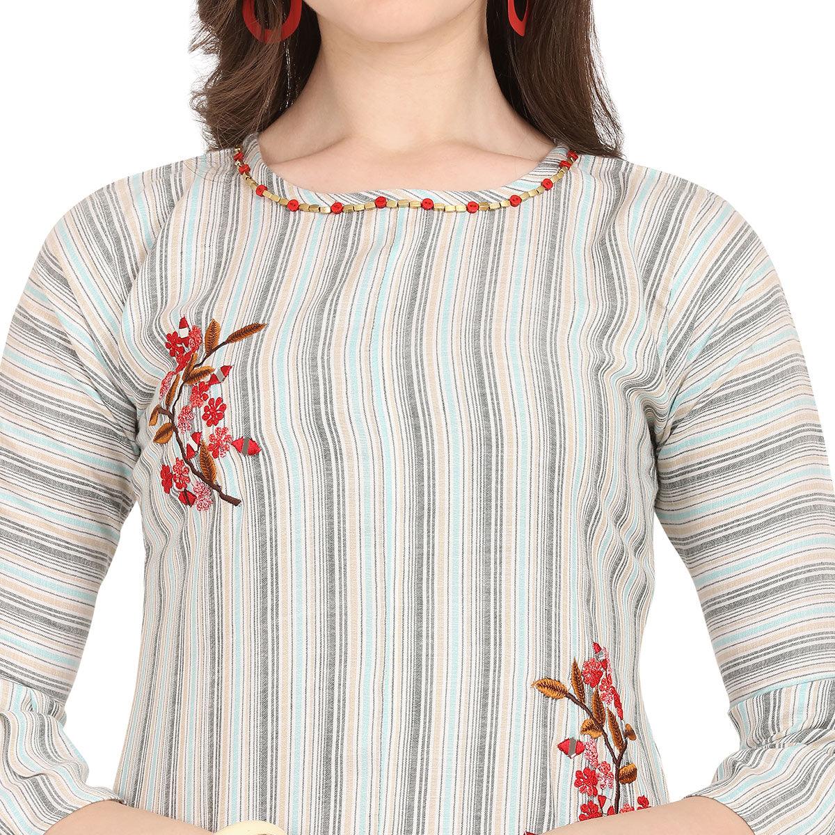 Arresting Off White-Blue Colored Party Wear Embroidered Work Rayon Kurti - Peachmode