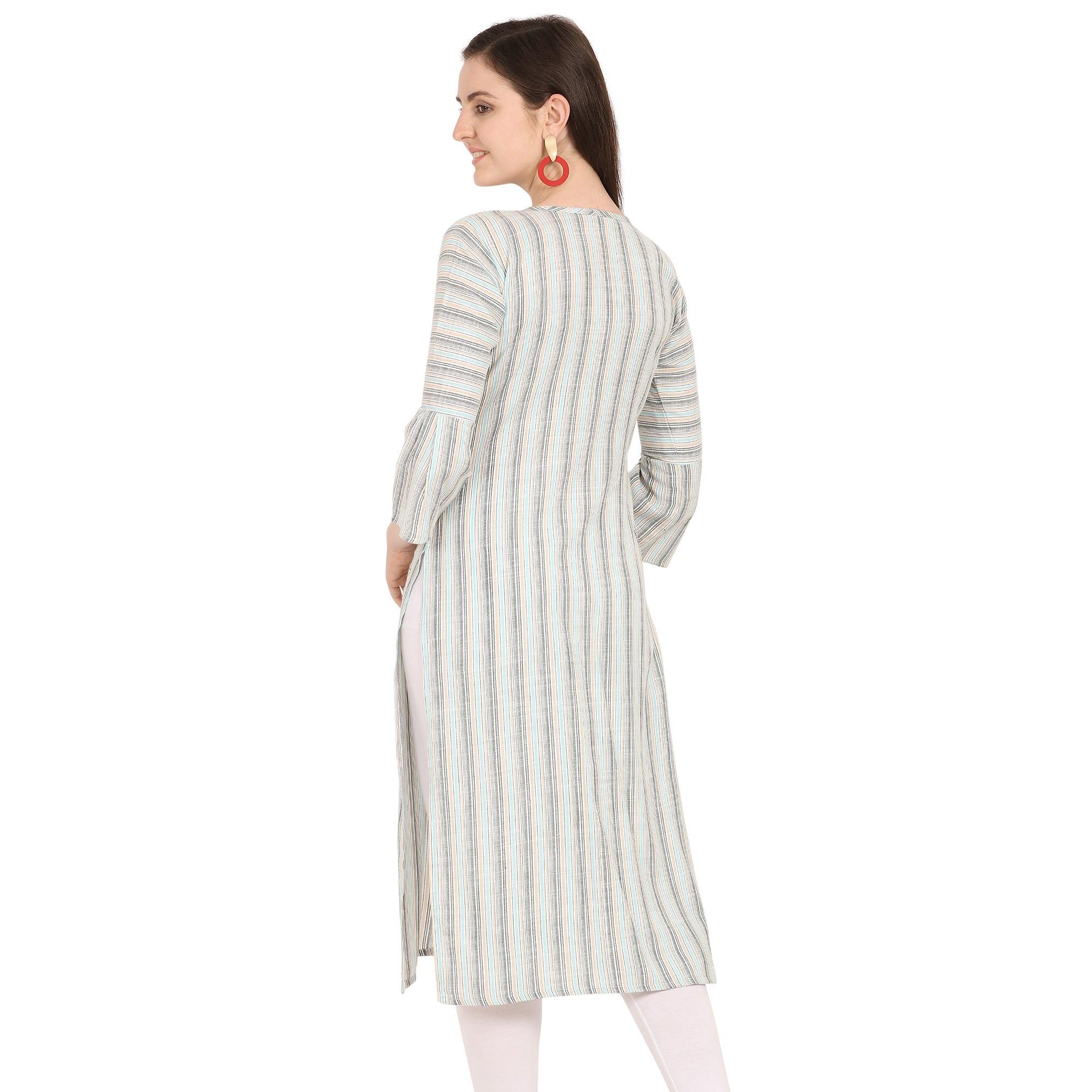 Arresting Off White-Blue Colored Party Wear Embroidered Work Rayon Kurti - Peachmode