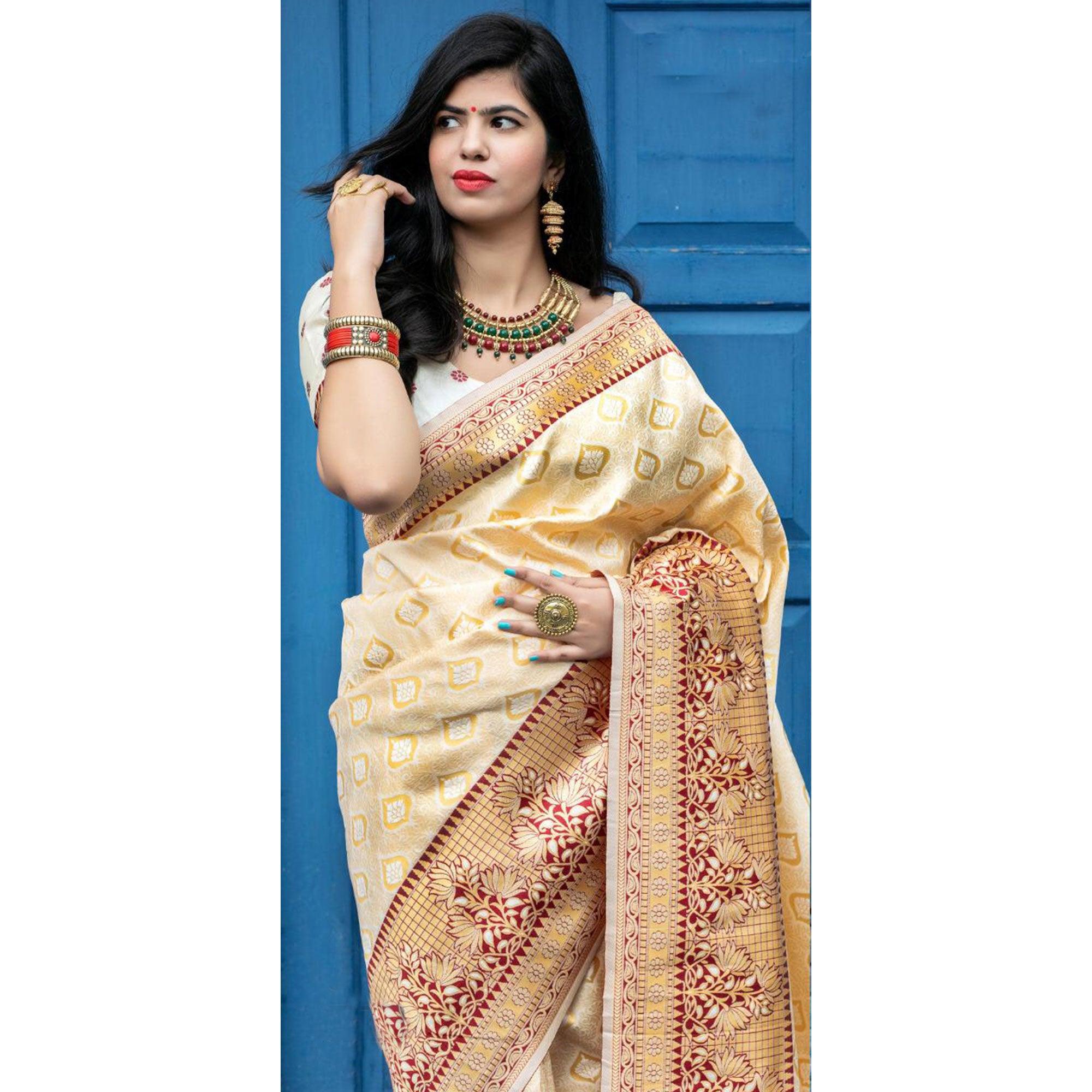 Arresting Off-White Colored Festive Wear Woven Banarasi Silk Saree - Peachmode