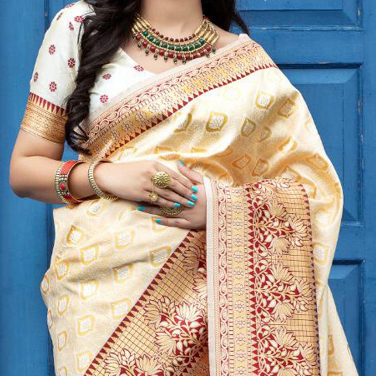 Arresting Off-White Colored Festive Wear Woven Banarasi Silk Saree - Peachmode