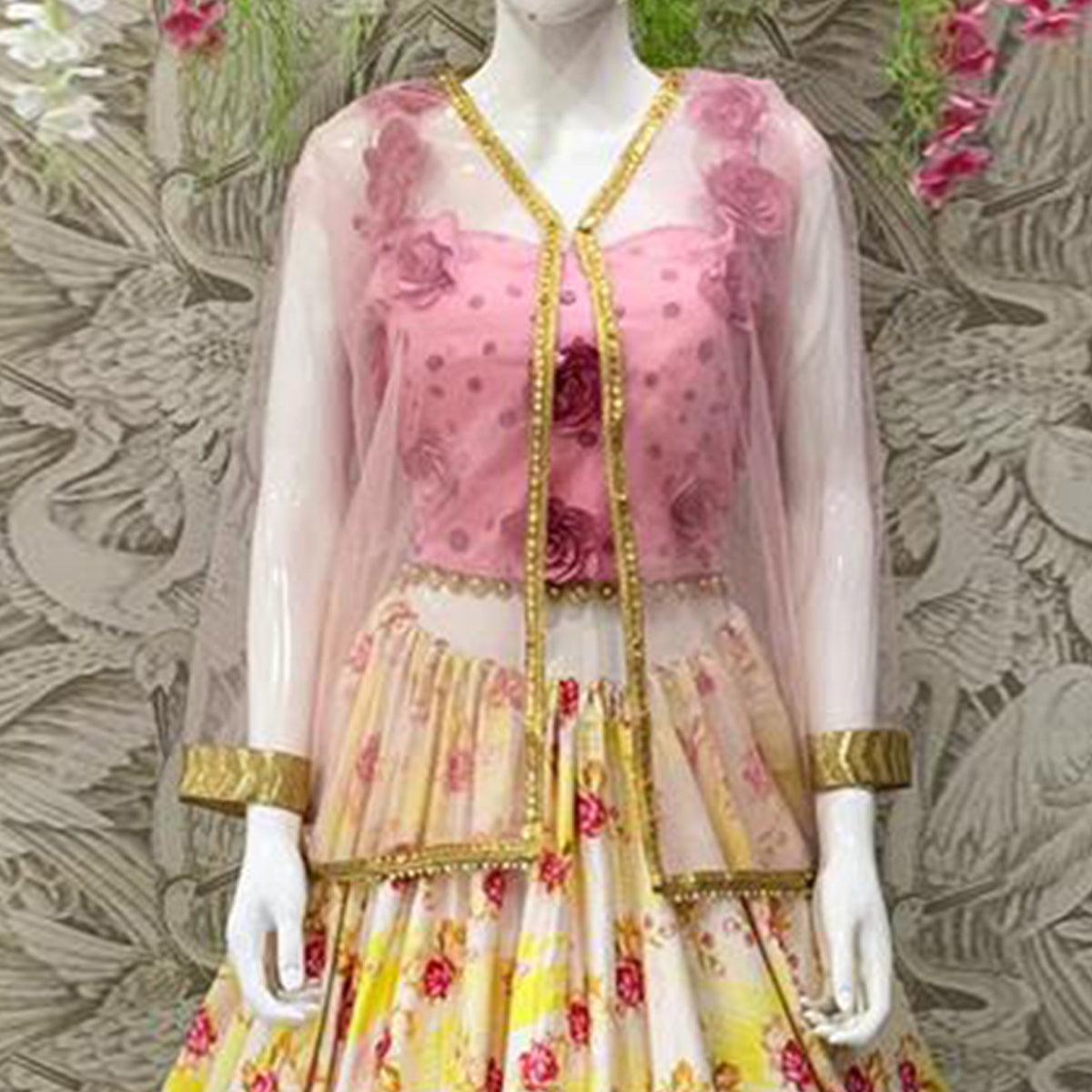 Arresting Off White Coloured Partywear Embroidered Dual Satin Lehenga Choli - Peachmode