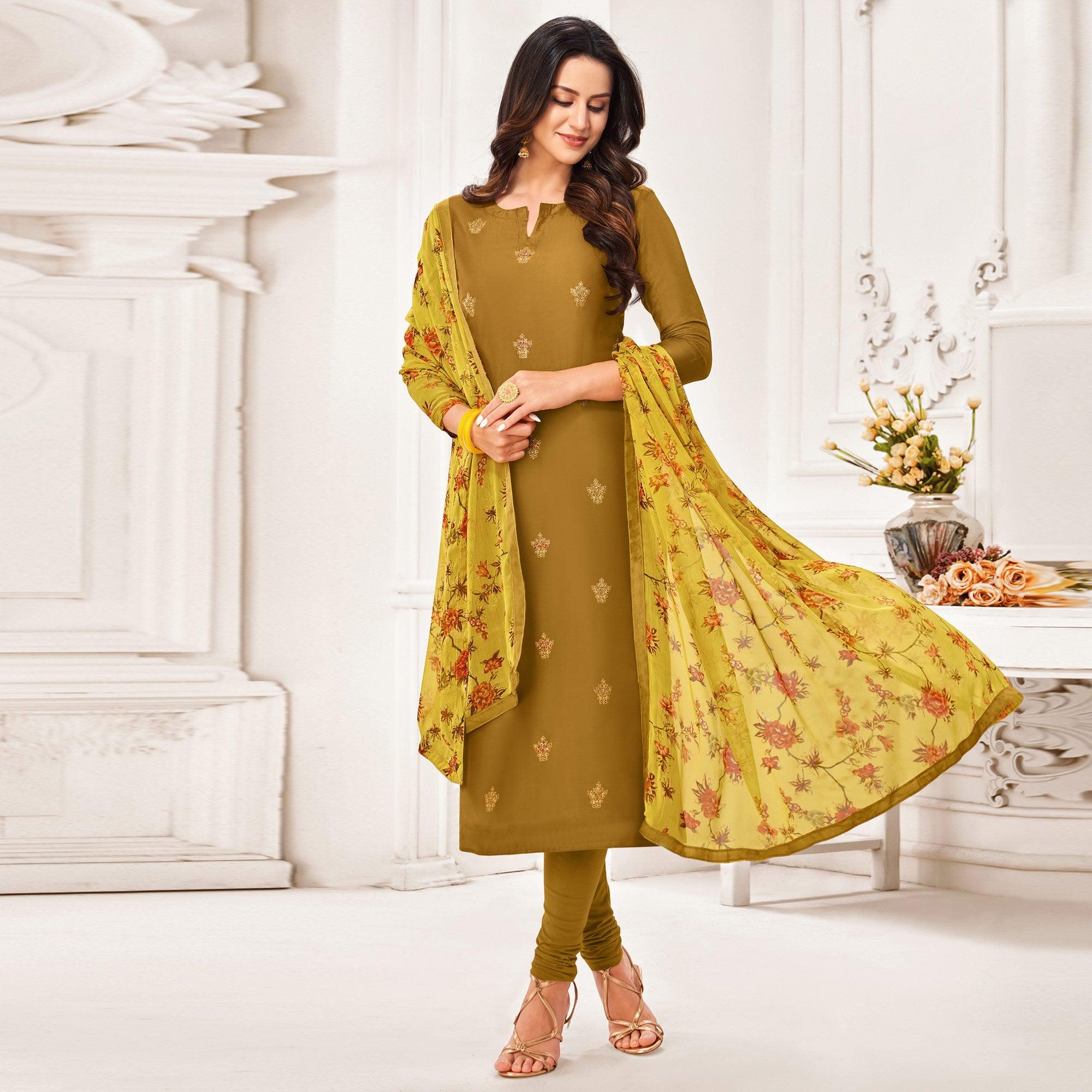 Arresting Olive Green Colored Casual Wear Embroidered Chanderi Dress Material - Peachmode
