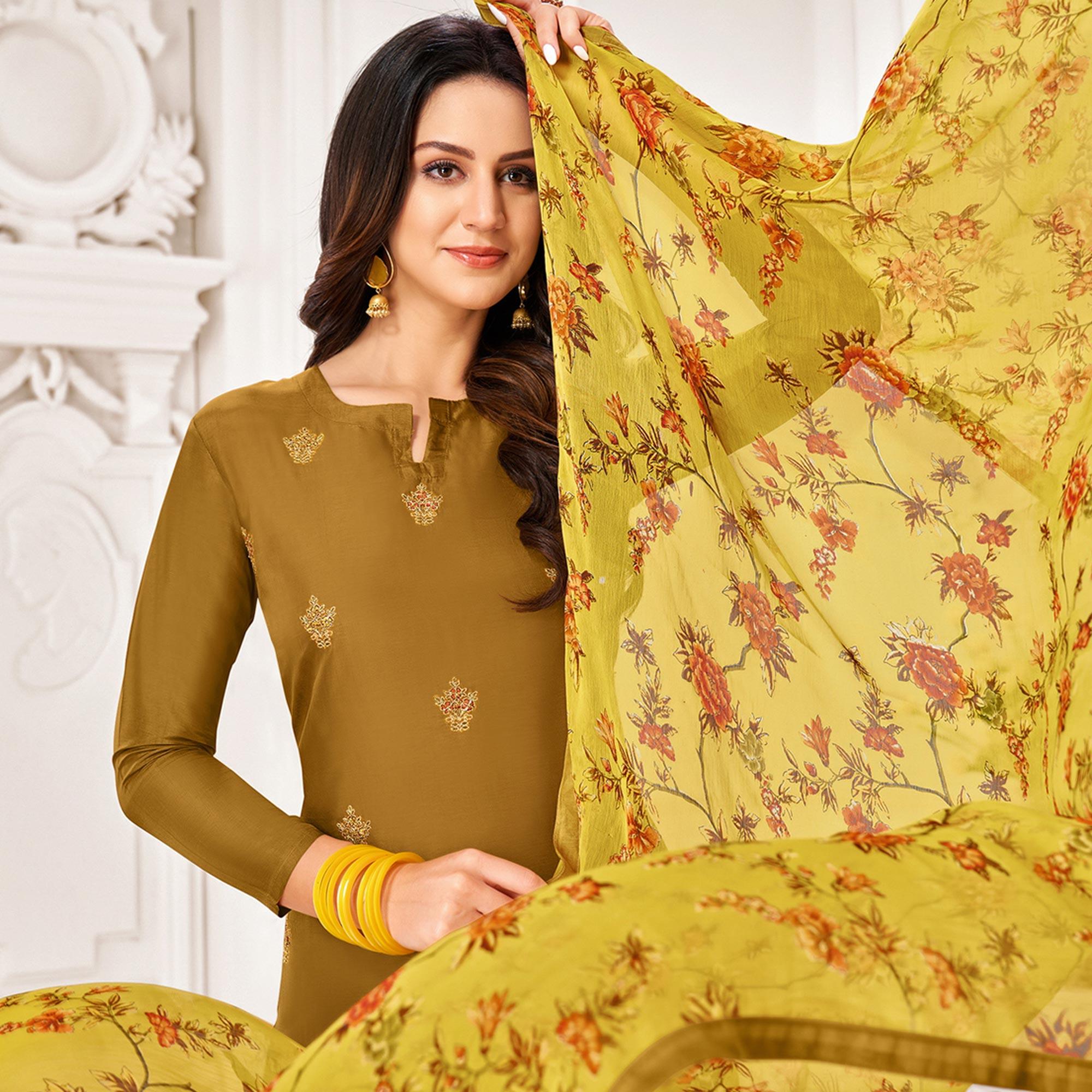 Arresting Olive Green Colored Casual Wear Embroidered Chanderi Dress Material - Peachmode