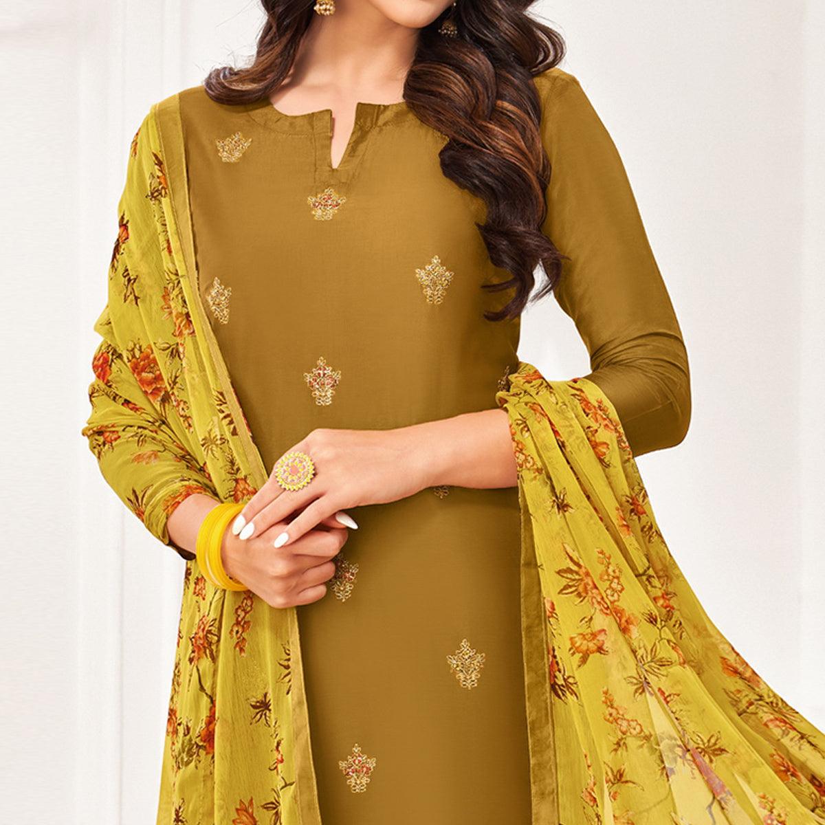 Arresting Olive Green Colored Casual Wear Embroidered Chanderi Dress Material - Peachmode