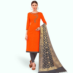 Arresting Orange Colored Casual Wear Embroidered Cotton Dress Material With Banarasi Silk Dupatta - Peachmode