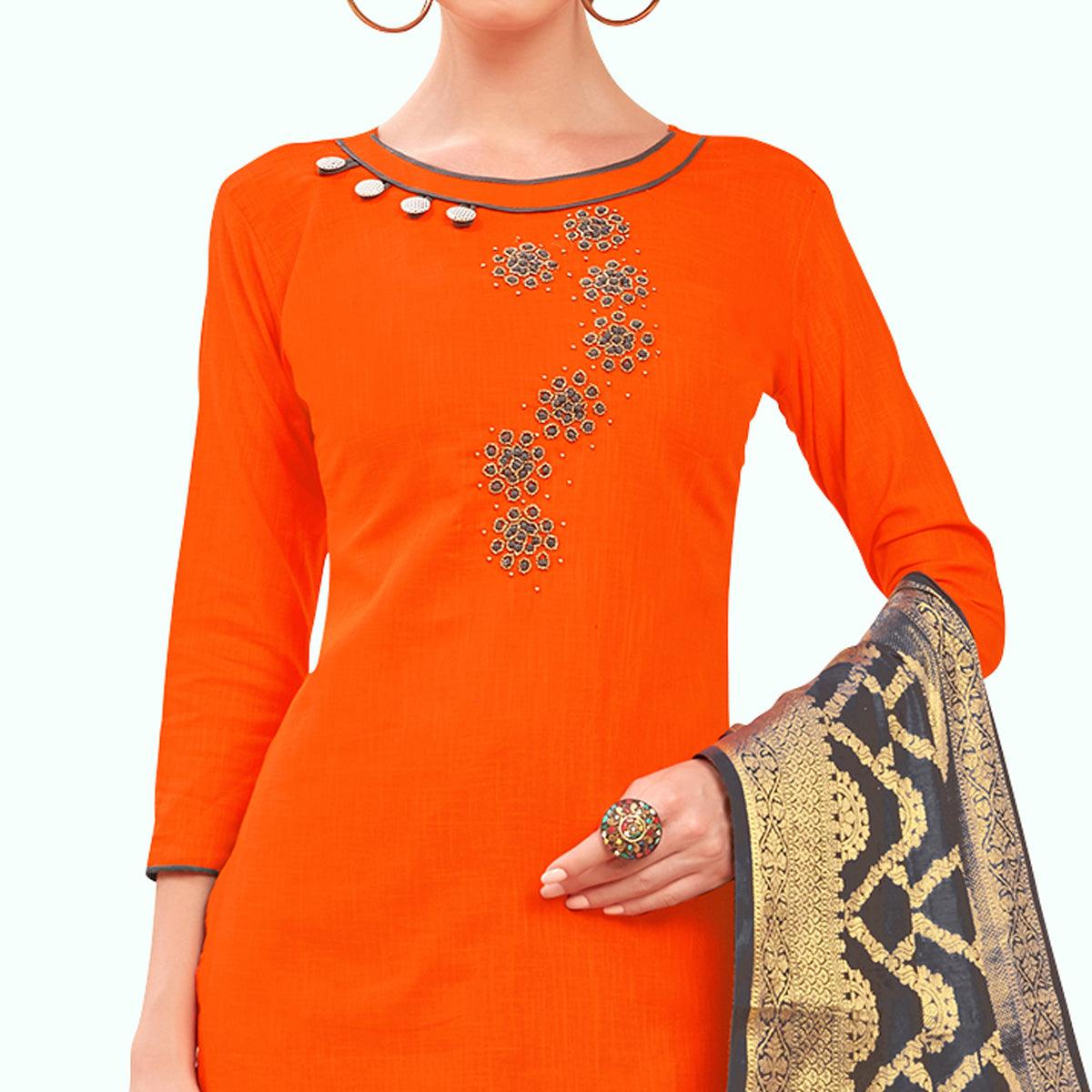 Arresting Orange Colored Casual Wear Embroidered Cotton Dress Material With Banarasi Silk Dupatta - Peachmode