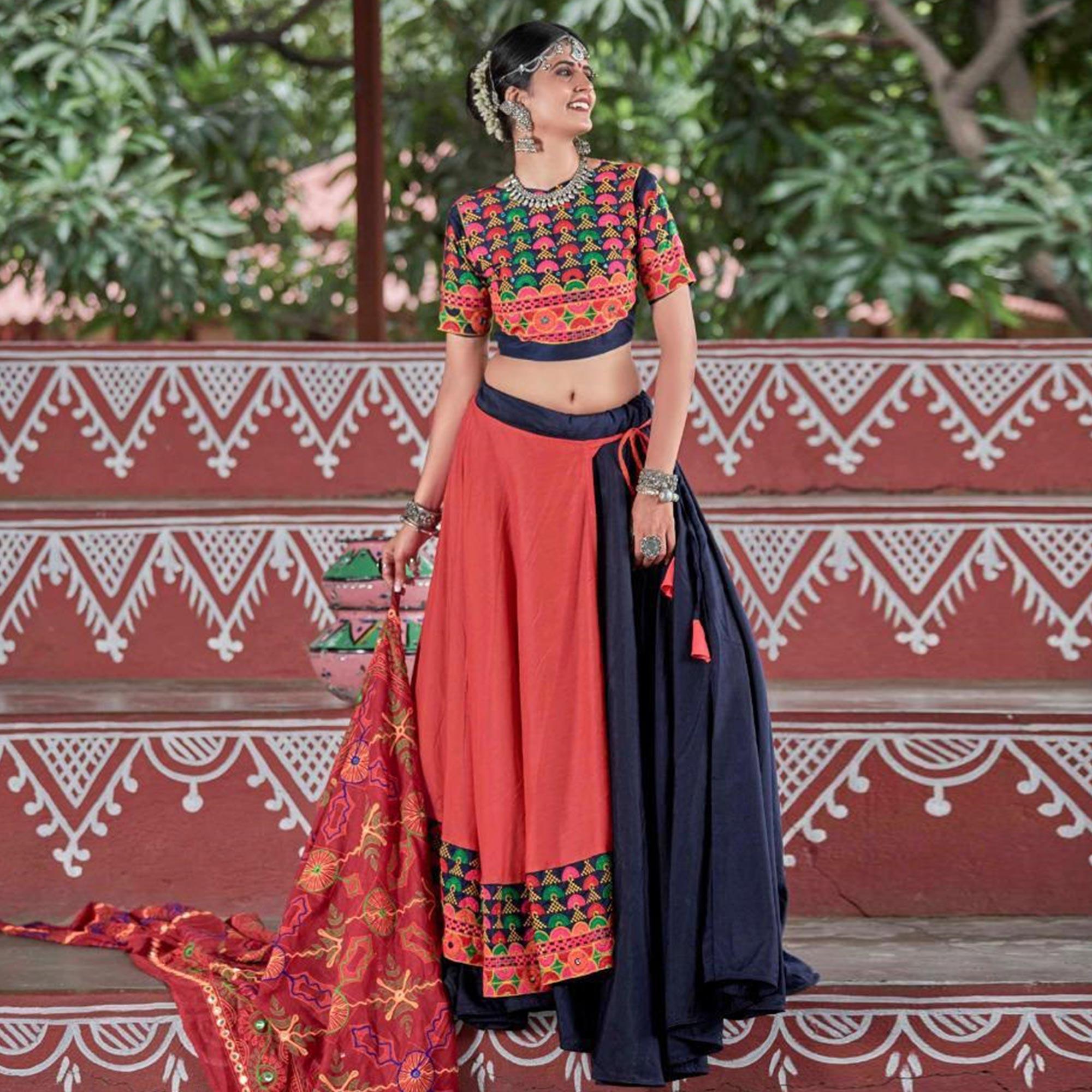 Arresting Orange-Navy Blue Colored Party Wear Embroidered Soft Cotton Navratri Lehenga Choli - Peachmode