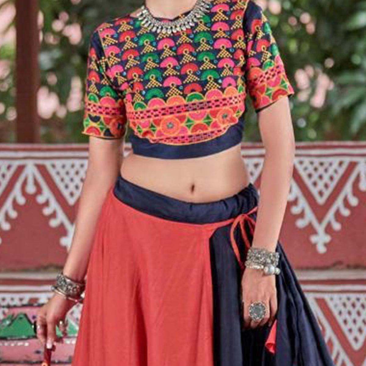 Arresting Orange-Navy Blue Colored Party Wear Embroidered Soft Cotton Navratri Lehenga Choli - Peachmode