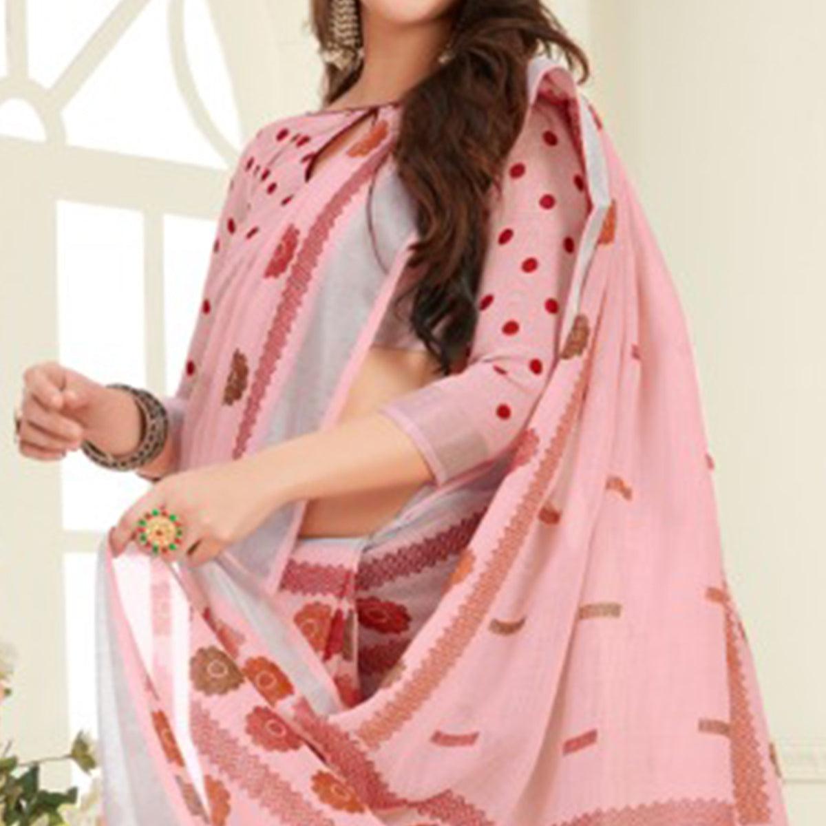 Arresting Peach Colored Casual Printed Linen Saree With Tassels - Peachmode