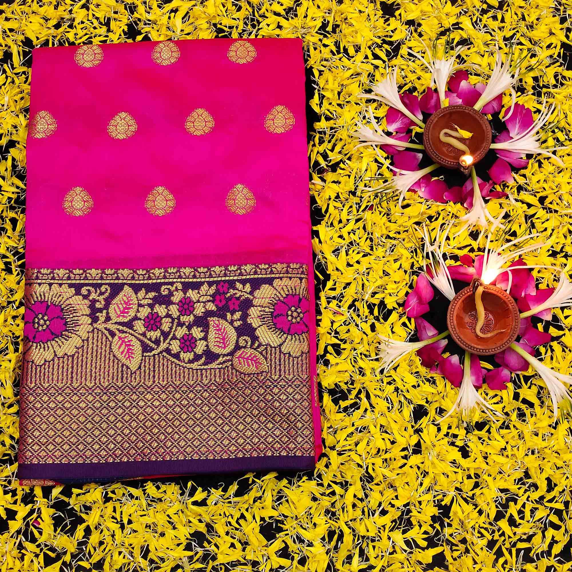 Arresting Pink Colored Festive Wear Woven Kanjivaram Silk Saree - Peachmode