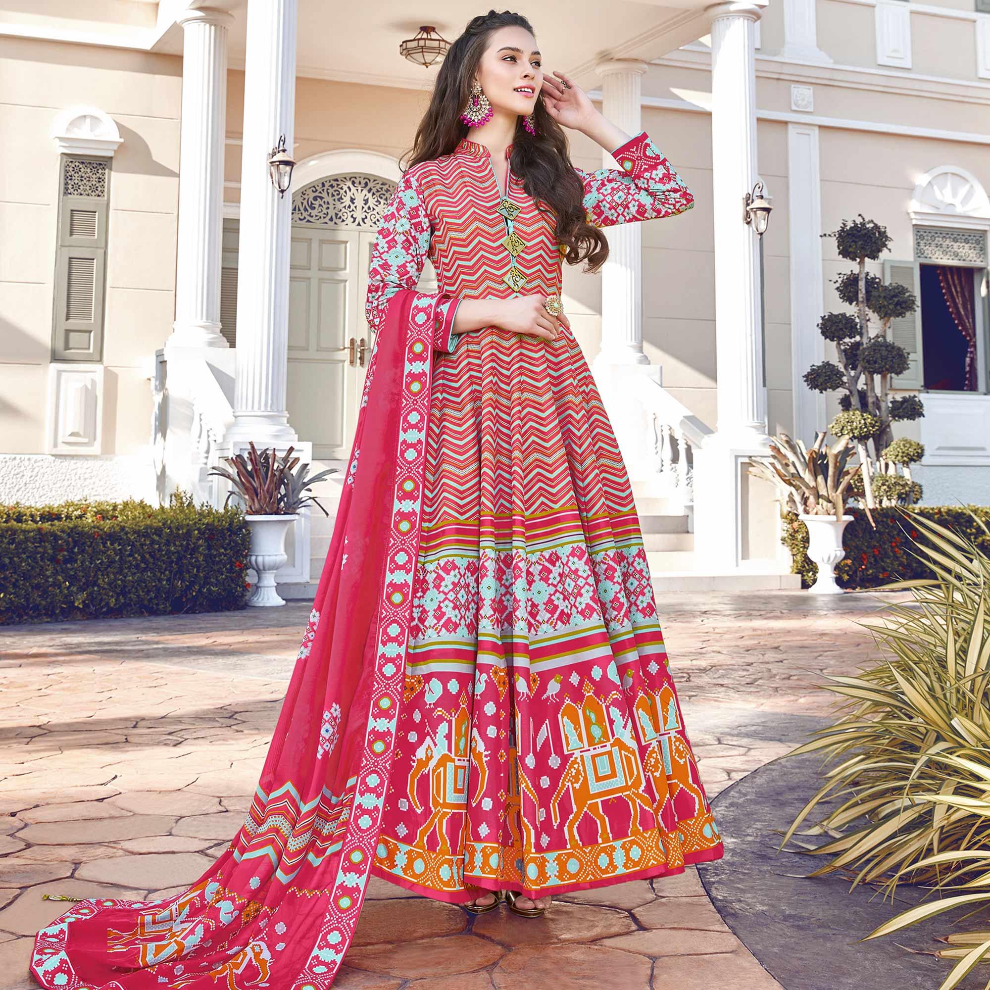 Arresting Pink Colored Partywear Designer Digital Patola Print Killer Silk Anarkali Suit - Peachmode