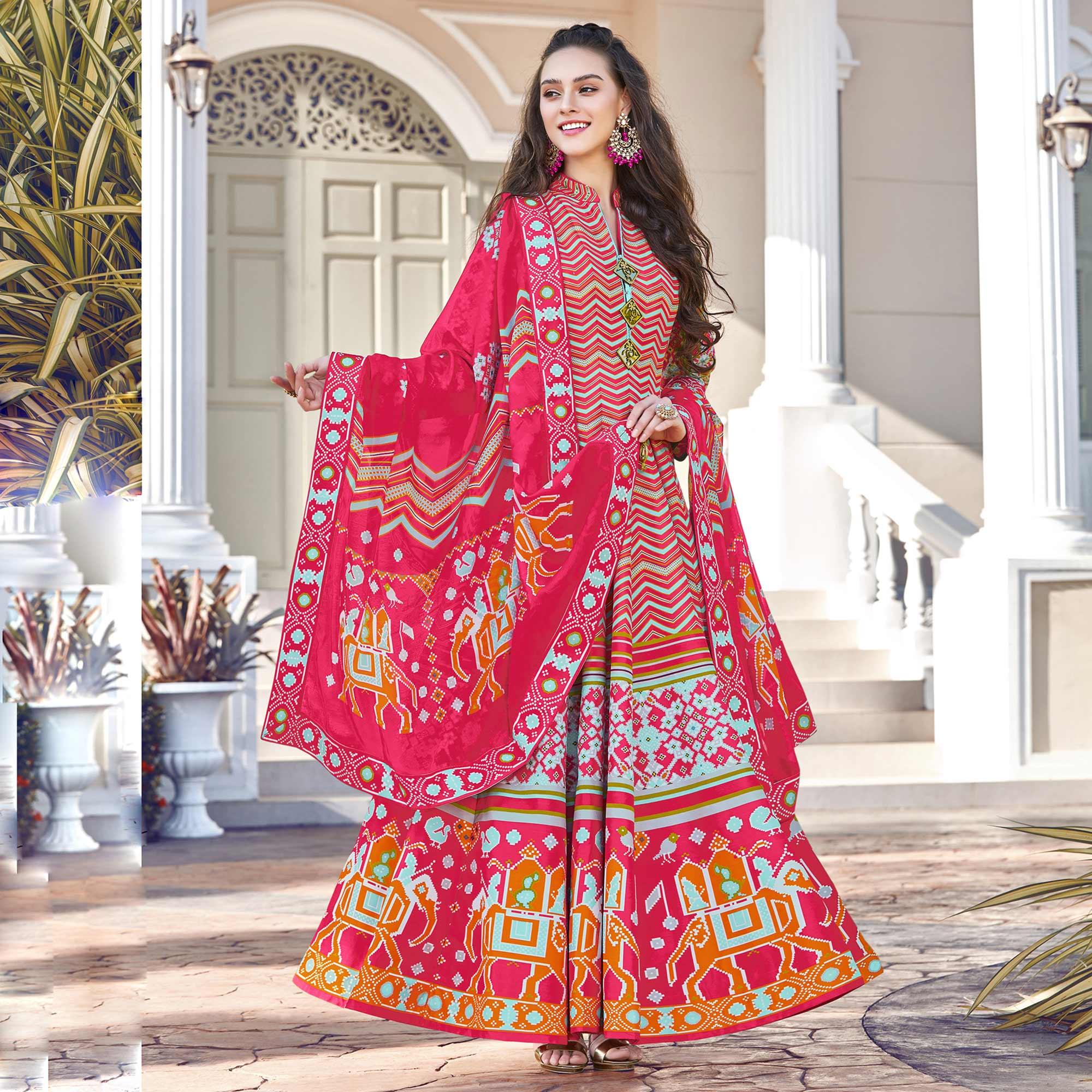Arresting Pink Colored Partywear Designer Digital Patola Print Killer Silk Anarkali Suit - Peachmode