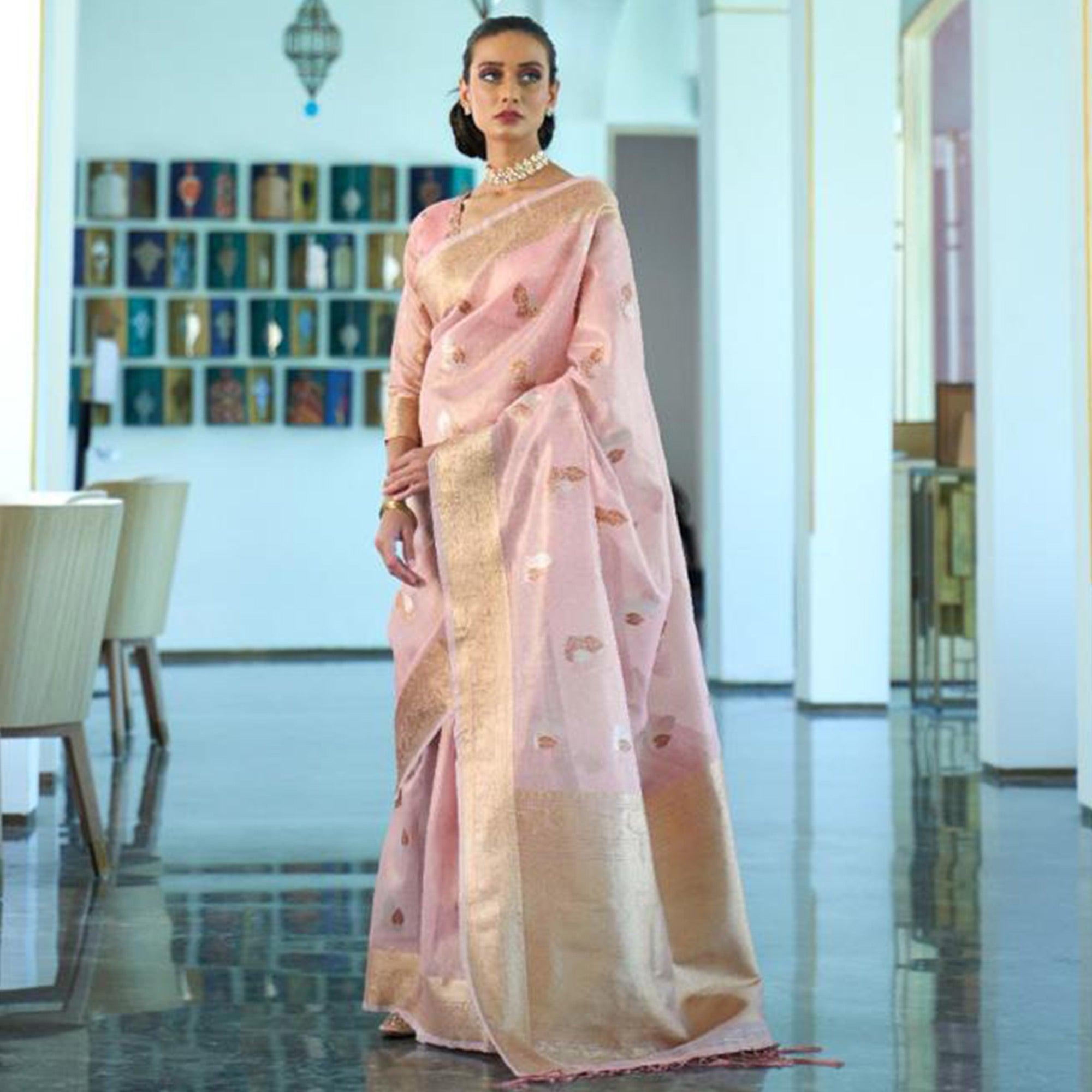 Arresting Pink Coloured Partywear Organza weaving Saree - Peachmode