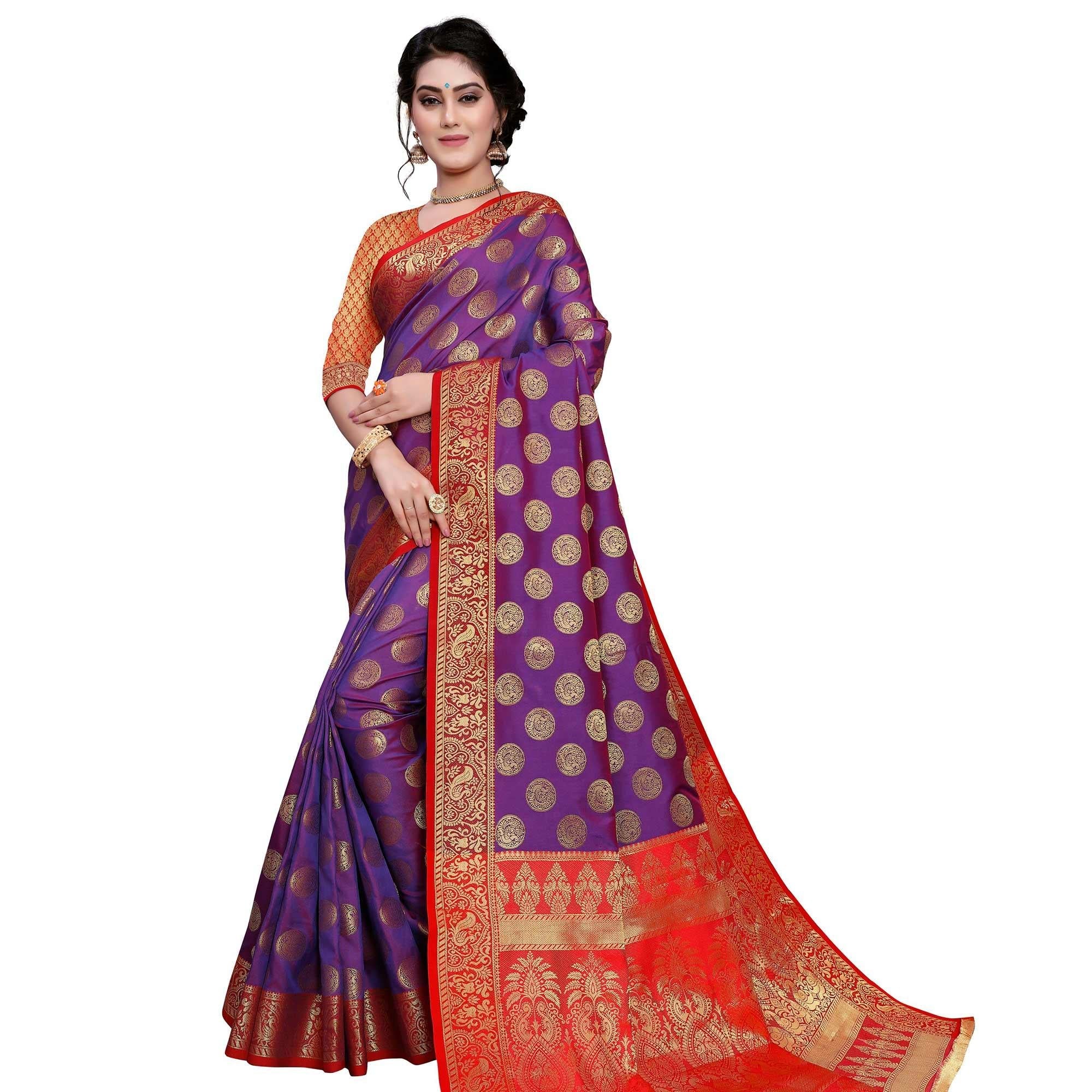 Arresting Purple Colored Festive Wear Woven Art Silk Saree - Peachmode
