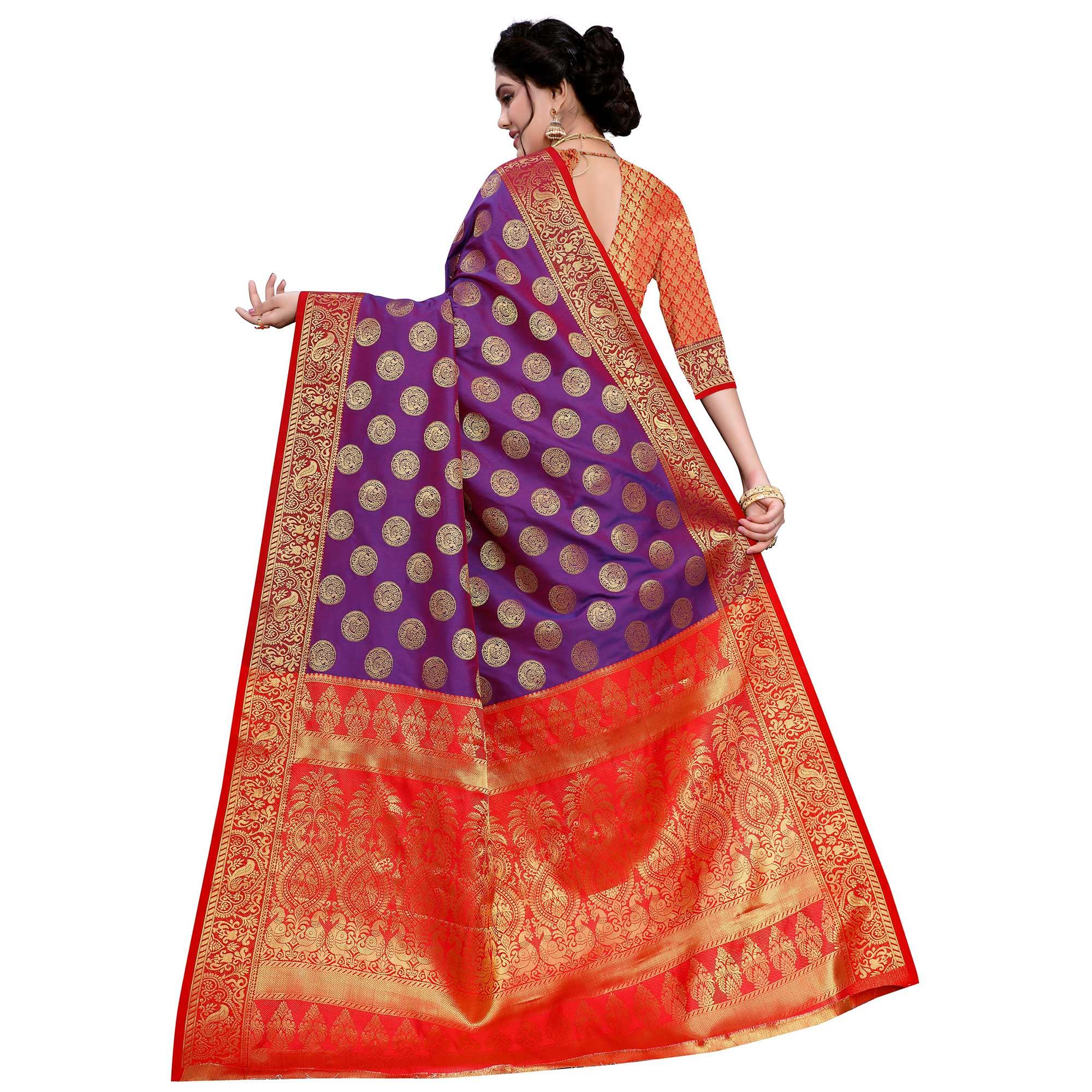 Arresting Purple Colored Festive Wear Woven Art Silk Saree - Peachmode