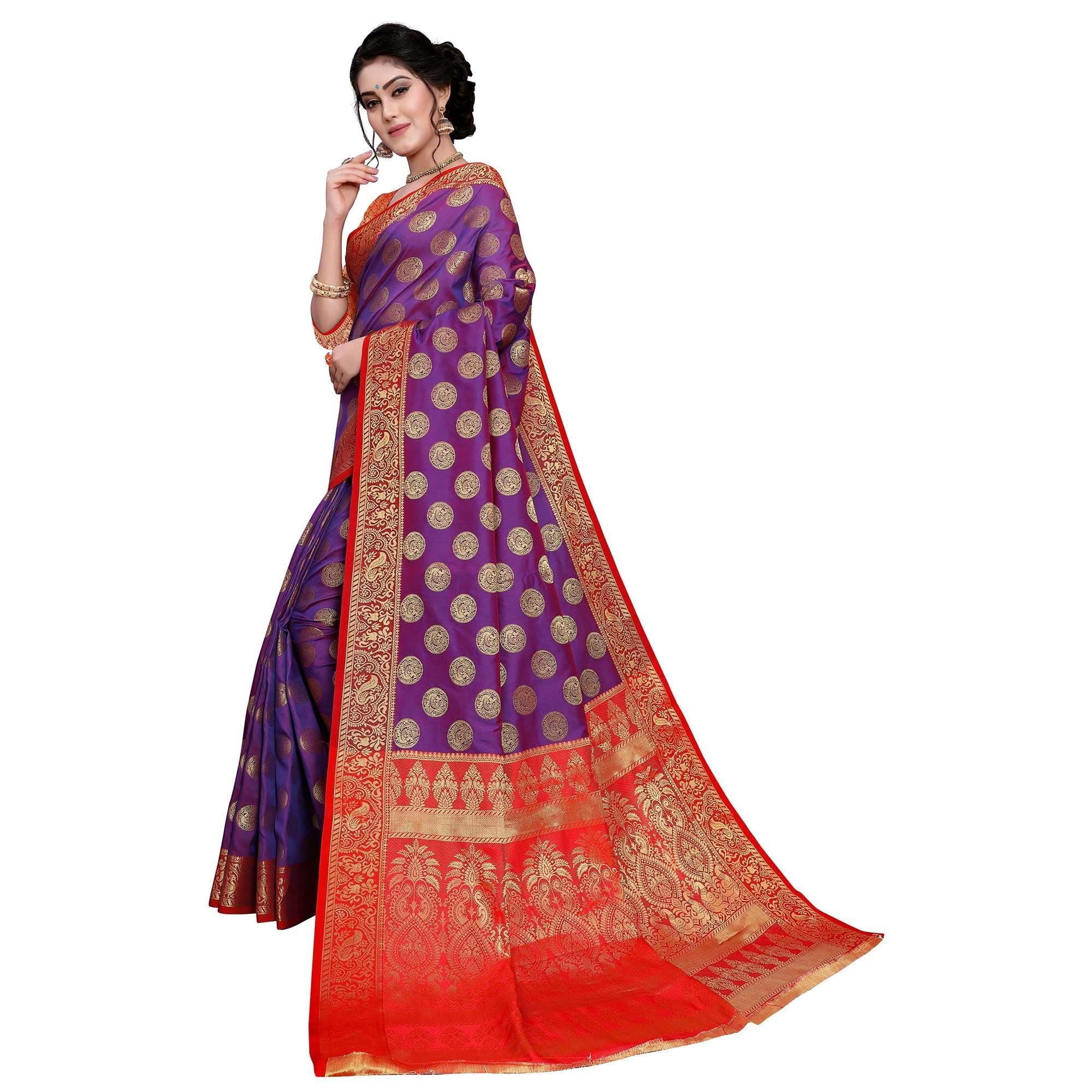 Arresting Purple Colored Festive Wear Woven Art Silk Saree - Peachmode