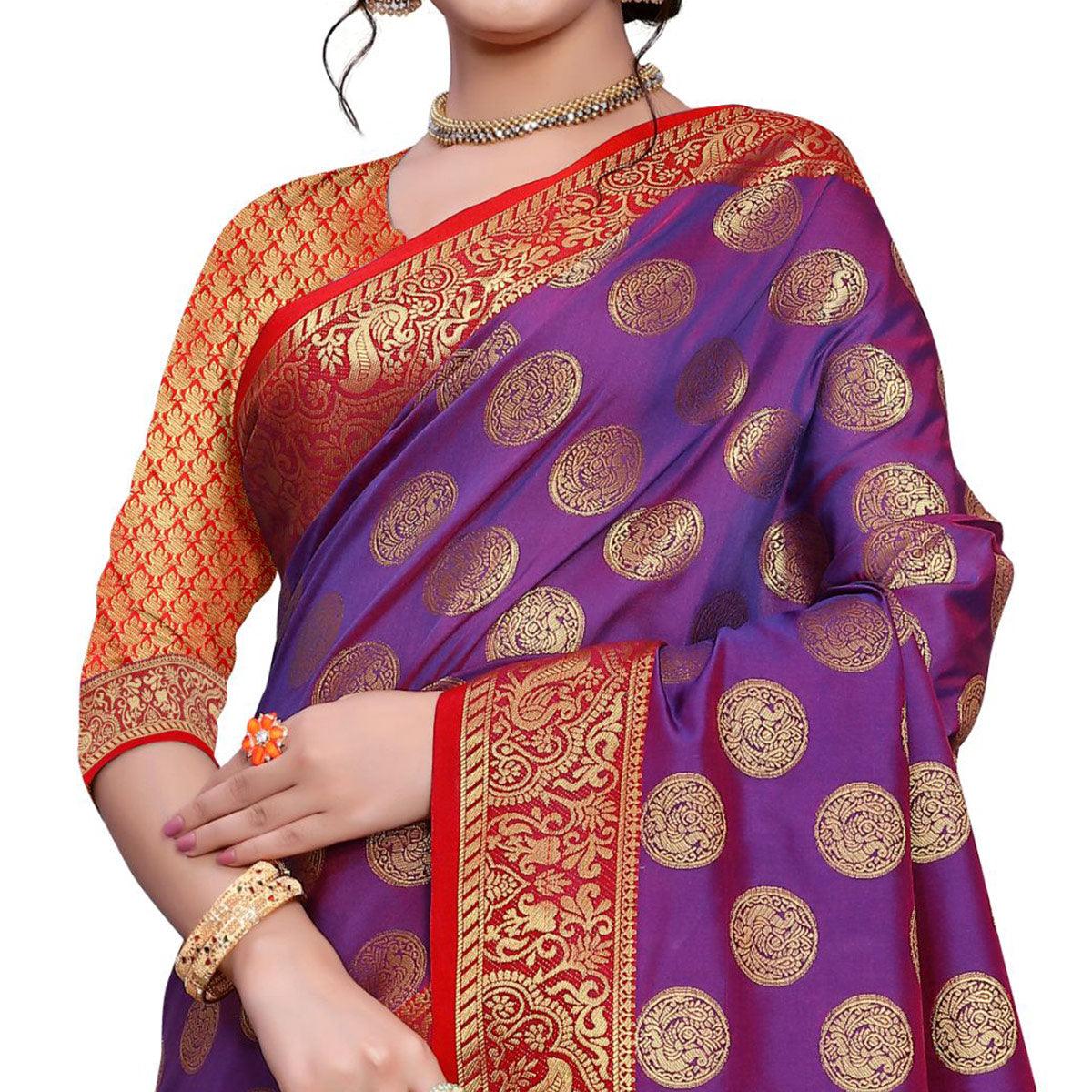 Arresting Purple Colored Festive Wear Woven Art Silk Saree - Peachmode