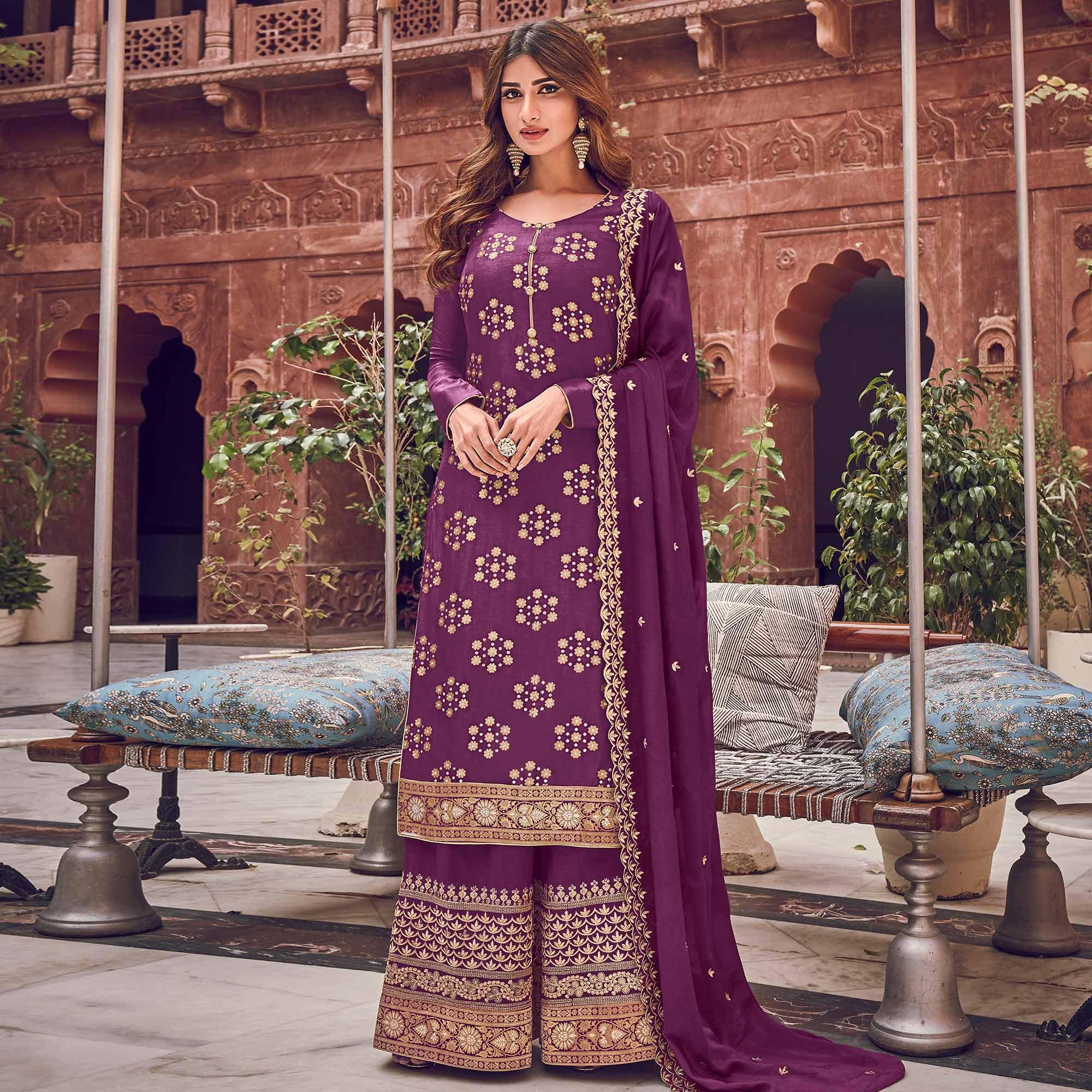 Arresting Purple Colored Partywear Embroidered Pure Dola Jacquard Palazzo Suit - Peachmode