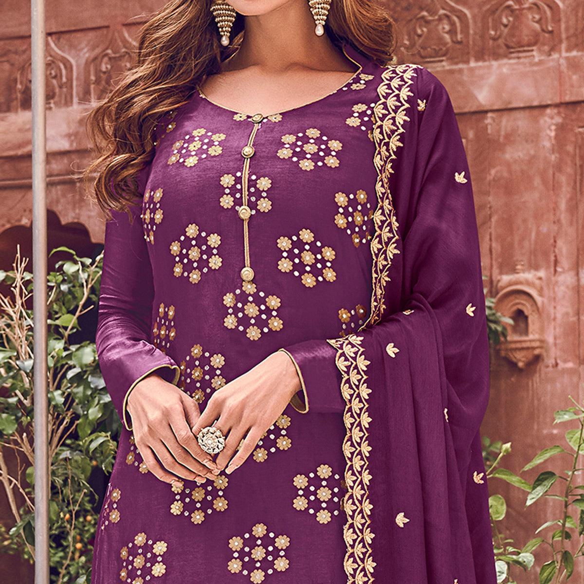 Arresting Purple Colored Partywear Embroidered Pure Dola Jacquard Palazzo Suit - Peachmode