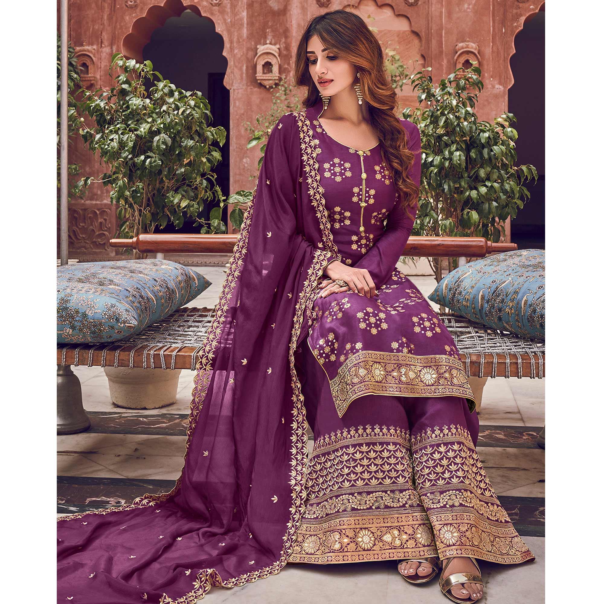 Arresting Purple Colored Partywear Embroidered Pure Dola Jacquard Palazzo Suit - Peachmode